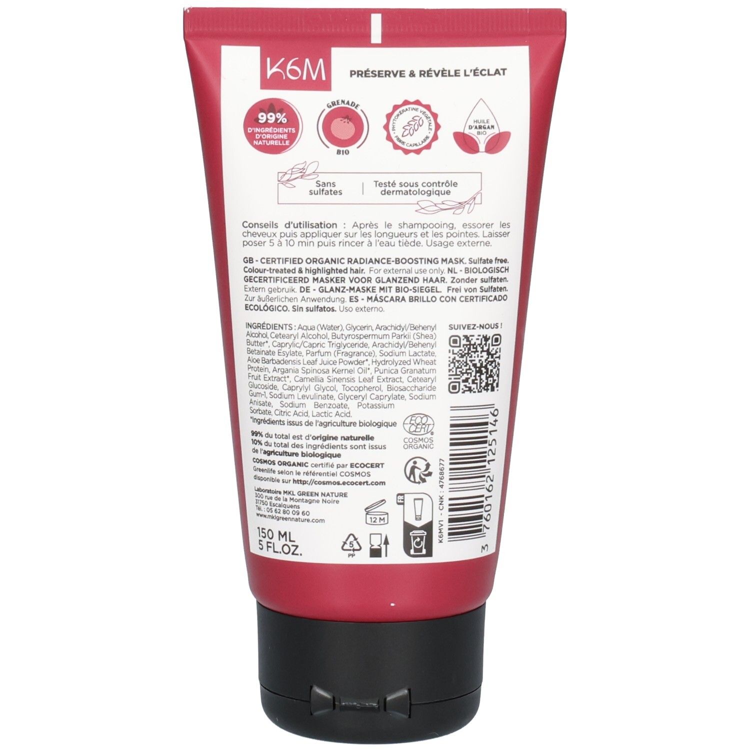 Arrière du tube rouge MKL Green Nature K6M Masque Éclat, avec ingrédients, instructions et certifications Bio.