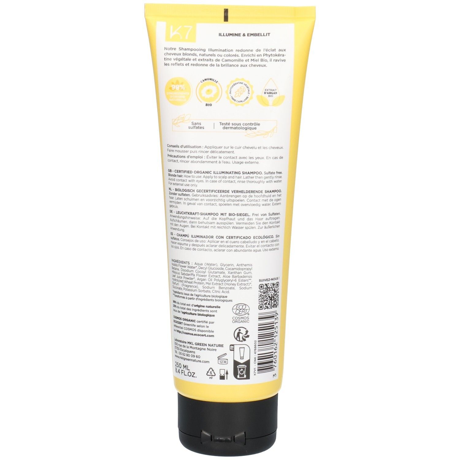 Arrière du MKL Green Nature K7 Shampoo pour cheveux blonds avec certification bio.