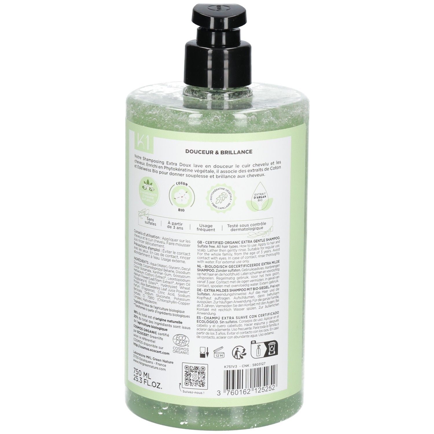 Arrière MKL Green Nature K1 Shampooing Extra Doux Bio, 750ml, avec pompe et label Bio.