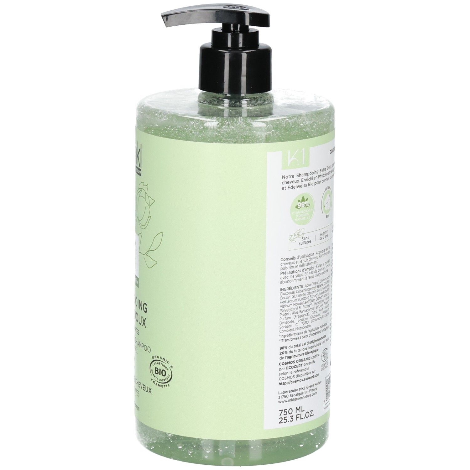 Arrière MKL Green Nature K1 Shampooing Extra Doux Bio, 750ml, avec pompe et label Bio.