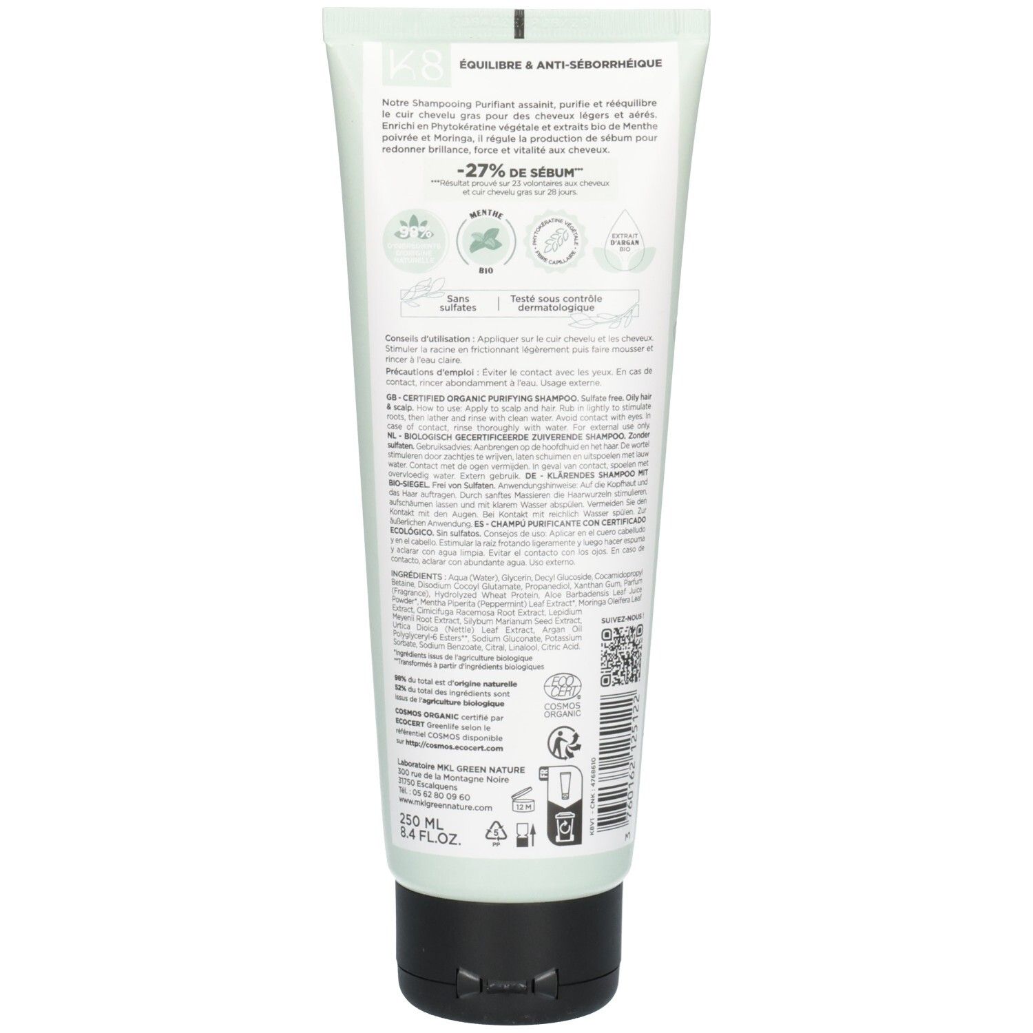 Dos du MKL Green Nature K8 Shampooing Purifiant. Comprend un label Bio et des informations sur les ingrédients. 250ml.