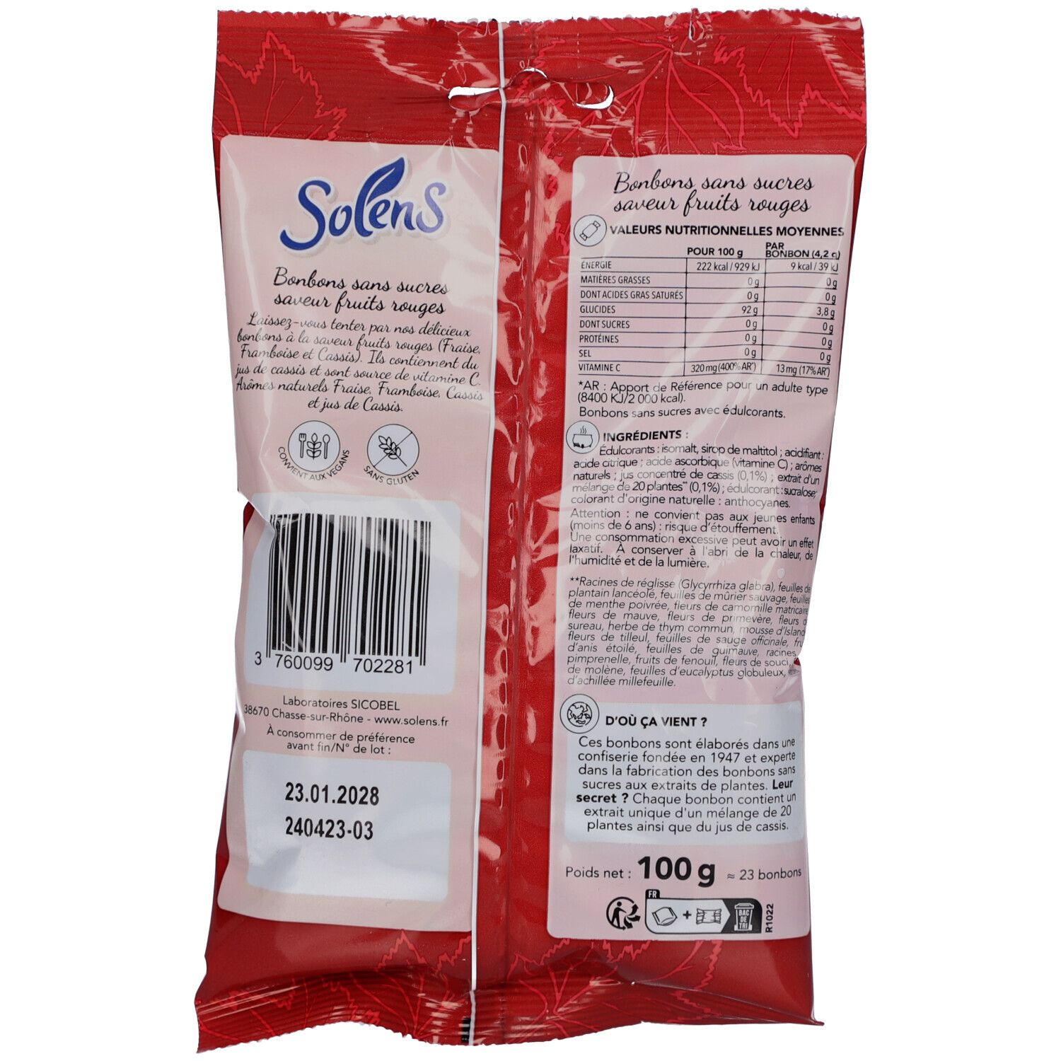 Dos du sachet rouge Solens. Texte "Bonbons sans sucres saveur fruits rouges". Liste des ingrédients et informations nutritionnelles.