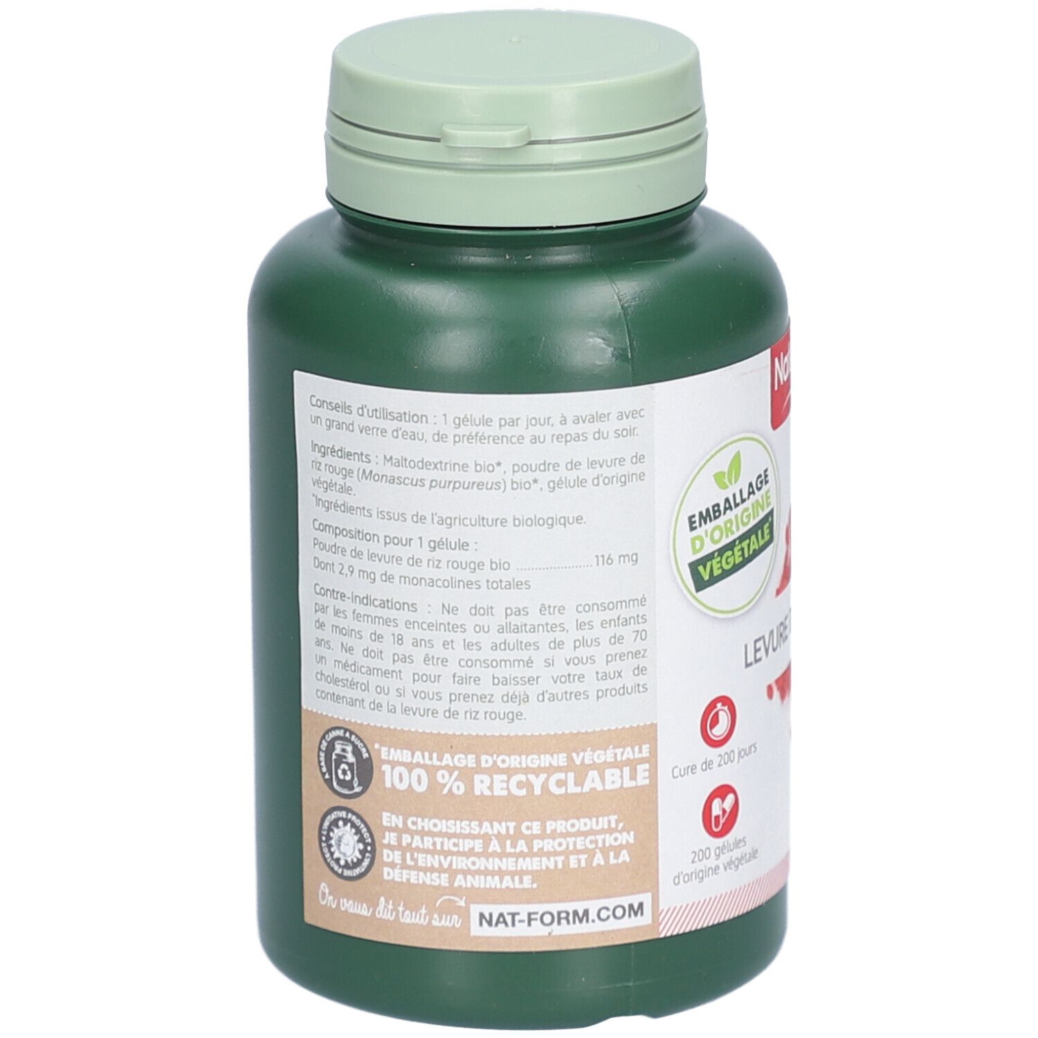 Dos d'un flacon vert. Texte: ingrédients, conseils d'utilisation, avertissements. Étiquette: 100% recyclable. Participation à la protection animale.
