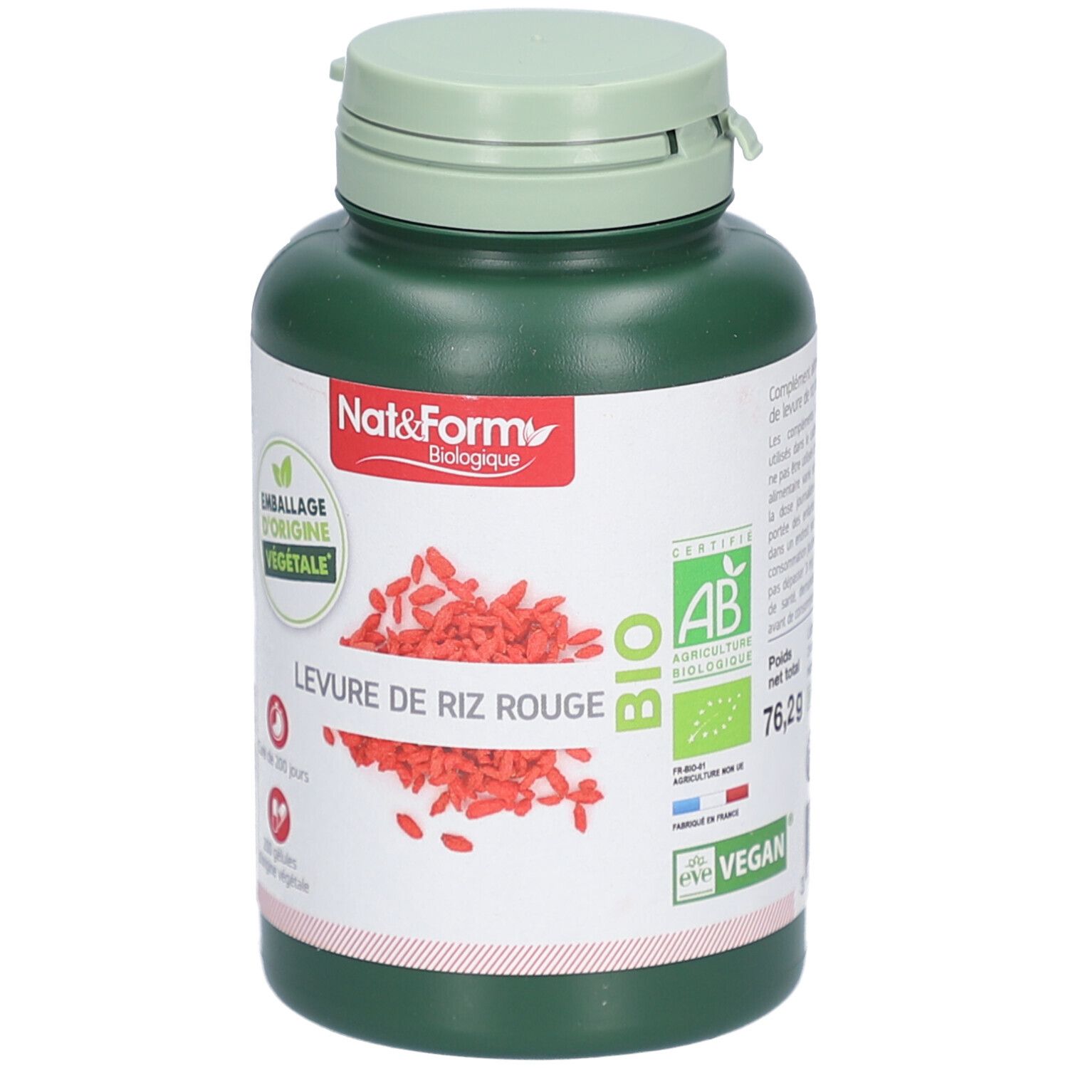 Flacon vert avec étiquette blanche. Inscription: Nat&Form Biologique, Levure de Riz Rouge. Certification bio. Label vegan. Poids net: 76,2g.