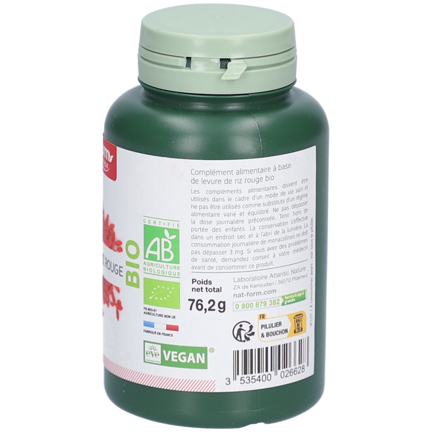 Dos d'un flacon vert. Texte: Complément alimentaire à base de levure de riz rouge. Certification bio. Label vegan. Poids net: 76,2g.