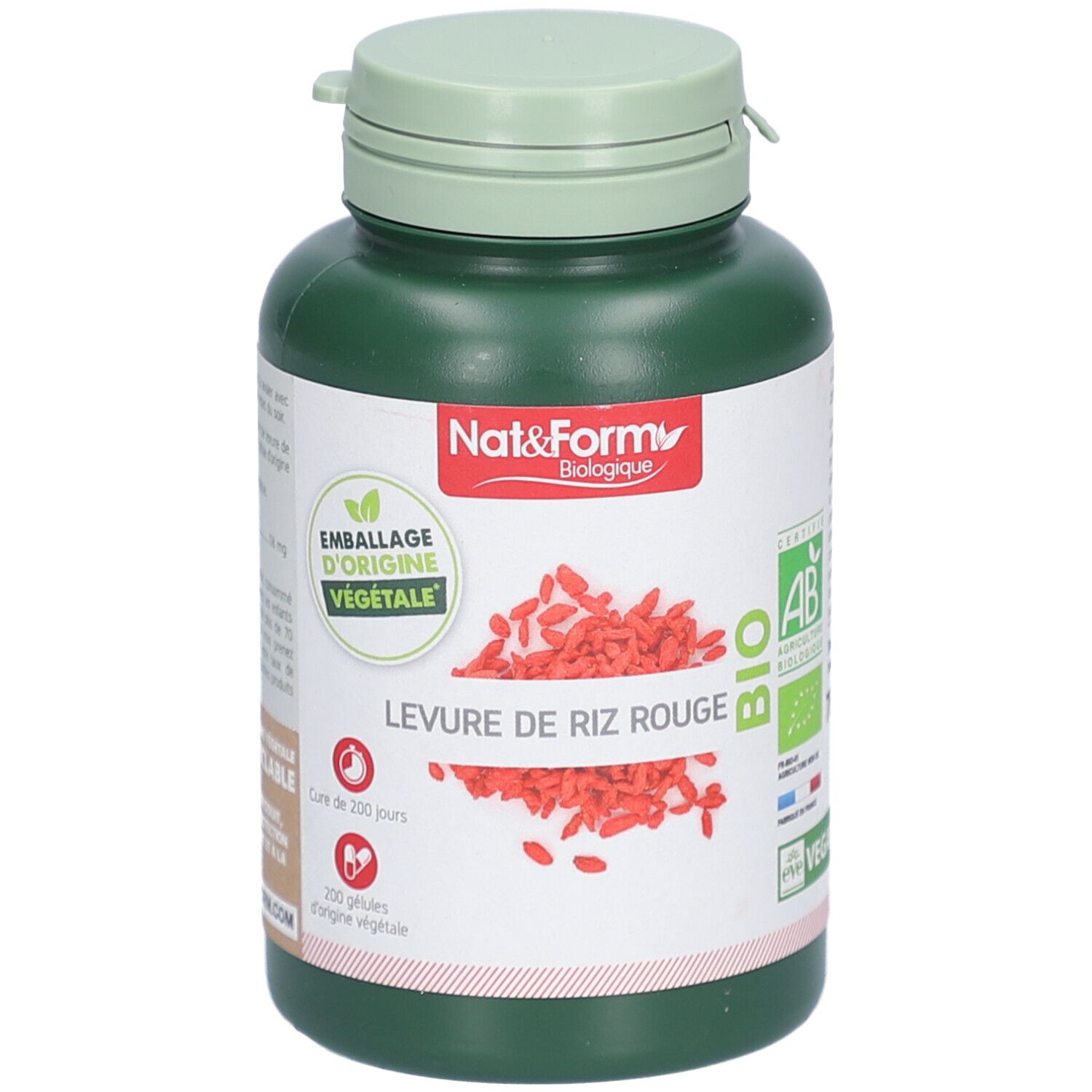 Flacon vert avec étiquette blanche. Inscription: Nat&Form Biologique, Levure de Riz Rouge. Contient 200 gélules. Emballage d'origine végétale.