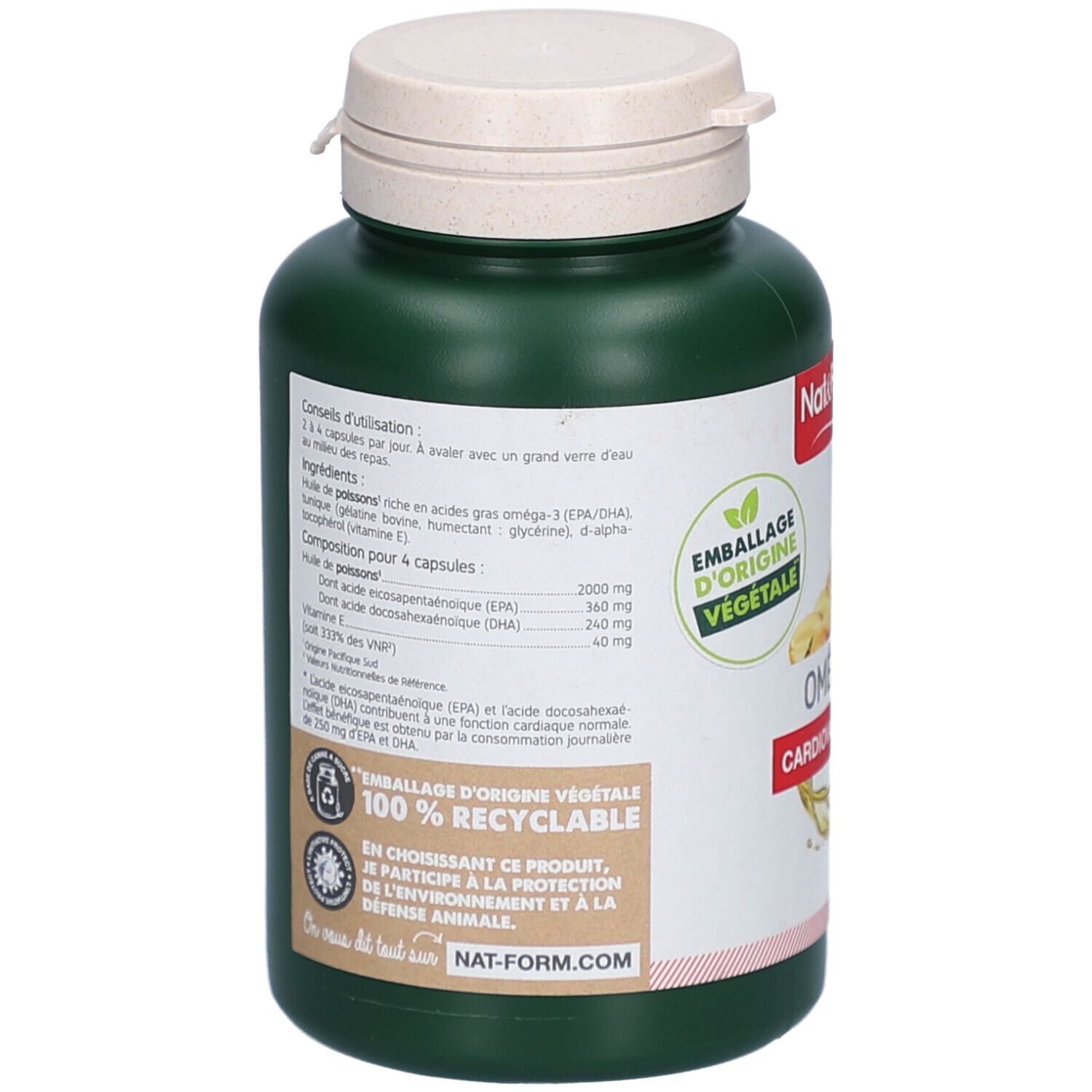 Dos du flacon vert. Texte: ingrédients, posologie, composition. Emballage 100% recyclable.