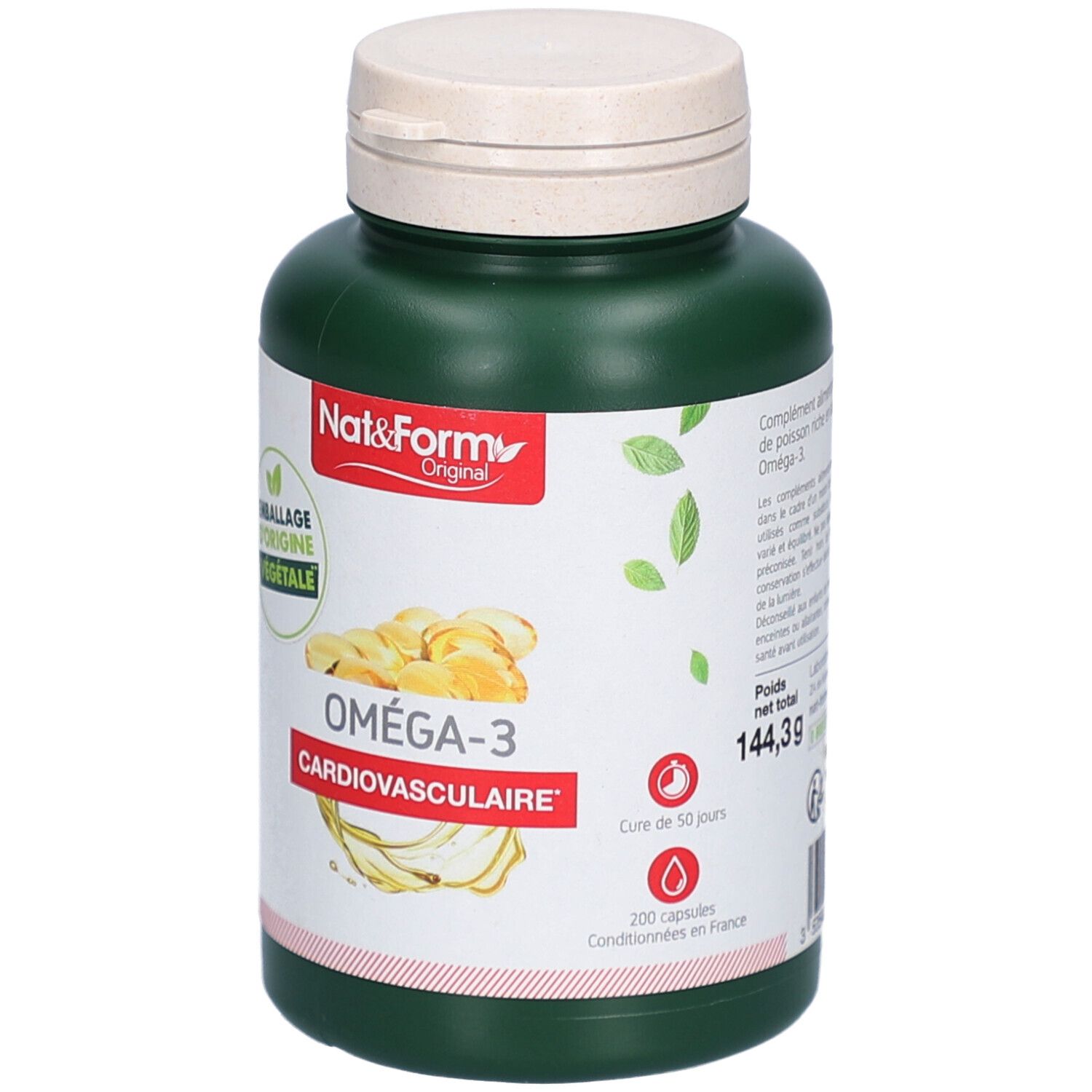 Flacon vert, bouchon blanc. Inscription: Nat&Form Original, Oméga-3 Cardiovasculaire. 200 capsules.
