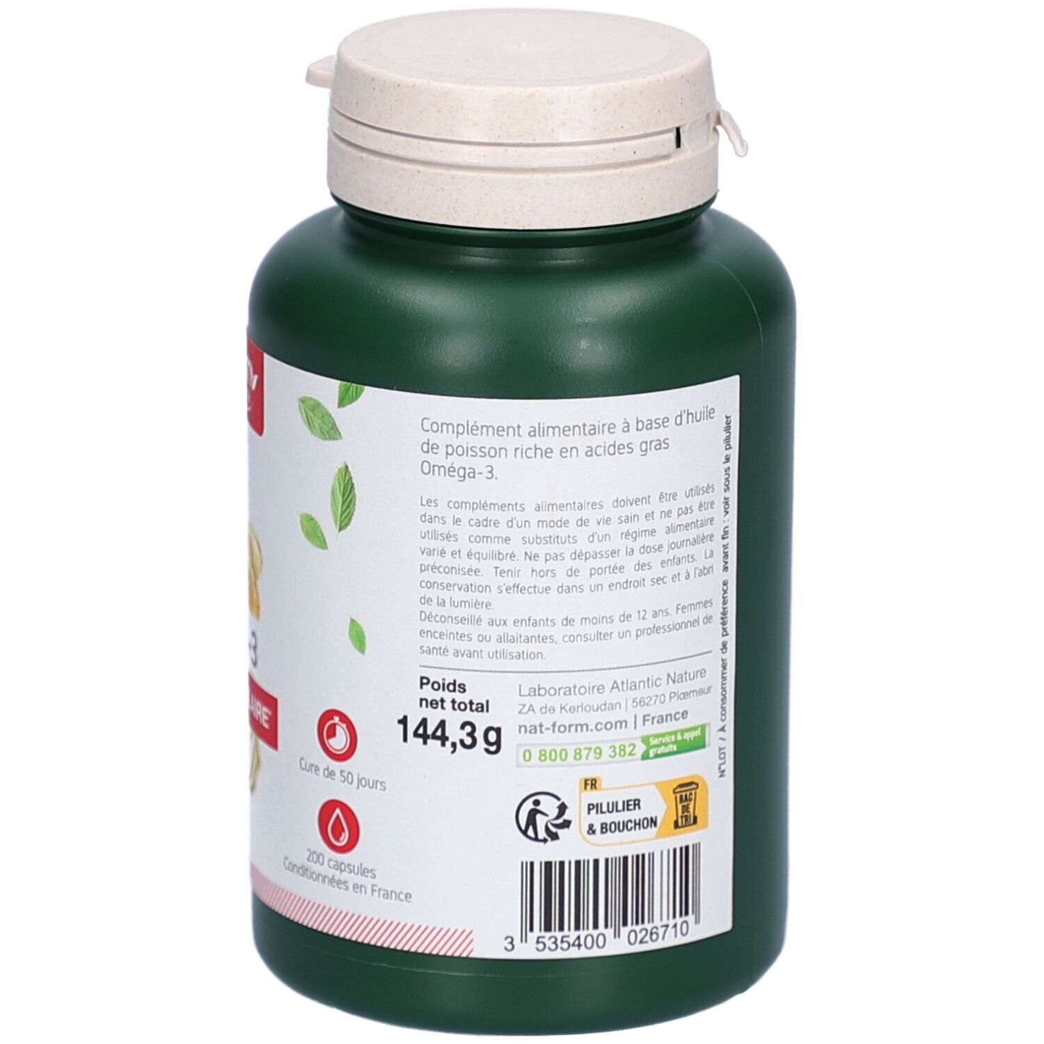 Dos du flacon vert. Texte: complément alimentaire, ingrédients, poids. 200 capsules.
