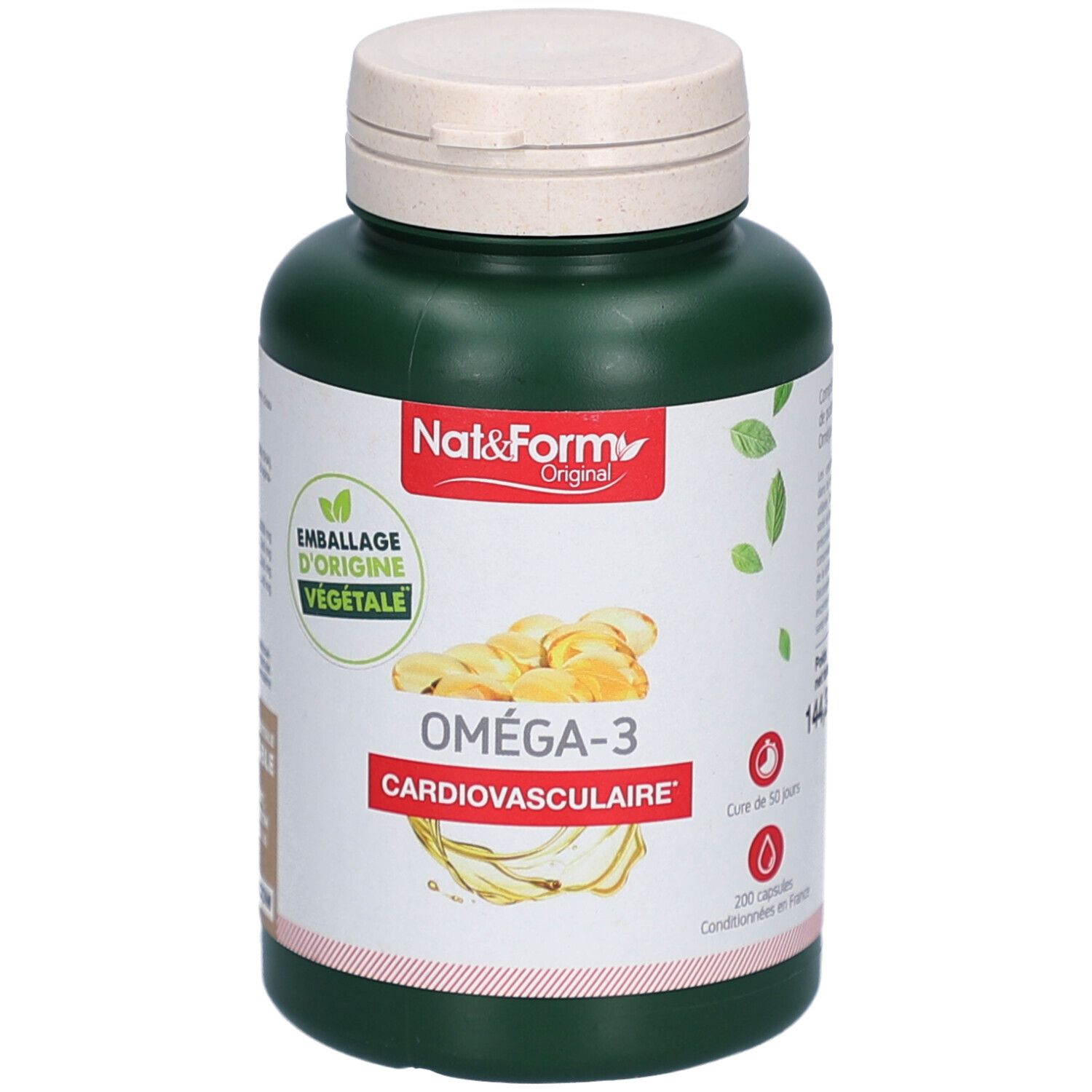 Flacon vert, bouchon blanc. Inscription: Nat&Form Original, Oméga-3 Cardiovasculaire. 200 capsules.