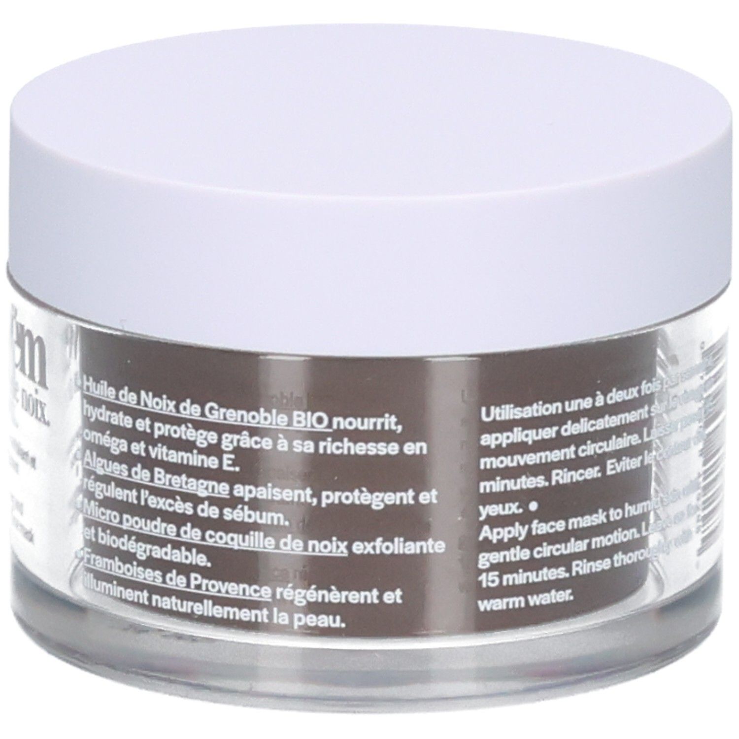 Novem Masque visage: huile de noix bio, algues, poudre de coquille de noix, framboise.