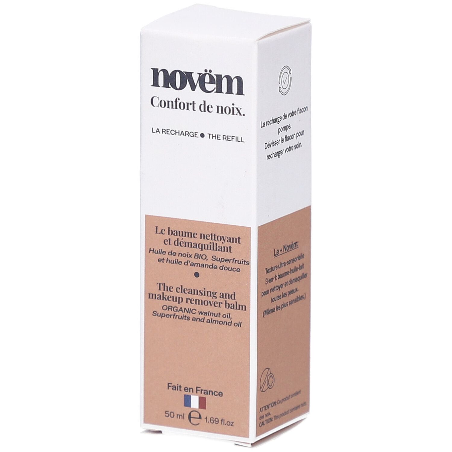 Boîte blanche avec logo NOVEM et nom du produit. Texte en français et anglais. 50 ml.