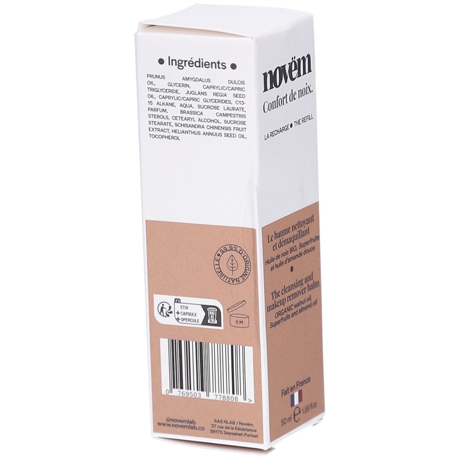 Boîte blanche avec liste des ingrédients et code-barres. Texte en français et anglais. Avec sceaux.