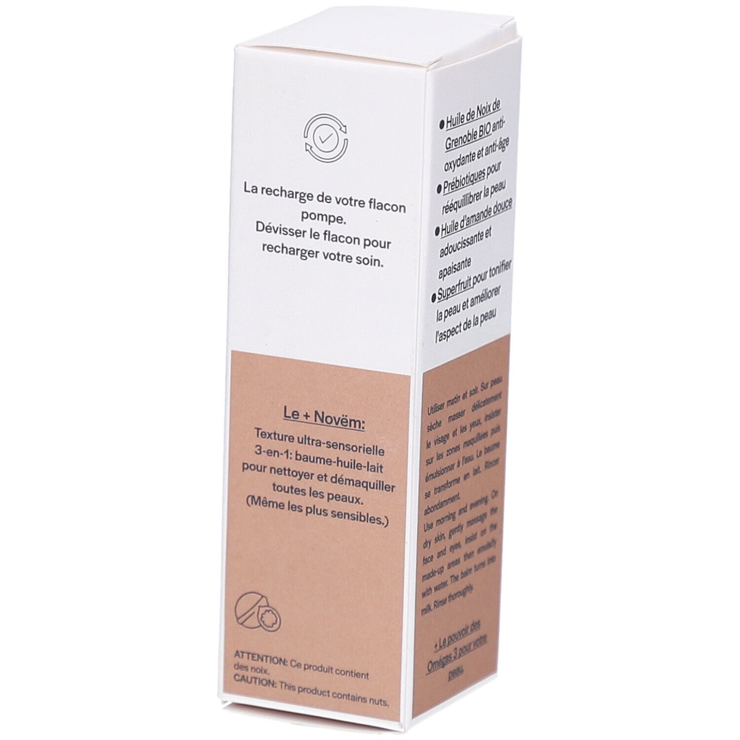 Boîte blanche avec informations sur le produit et illustrations. Texte en français et anglais.