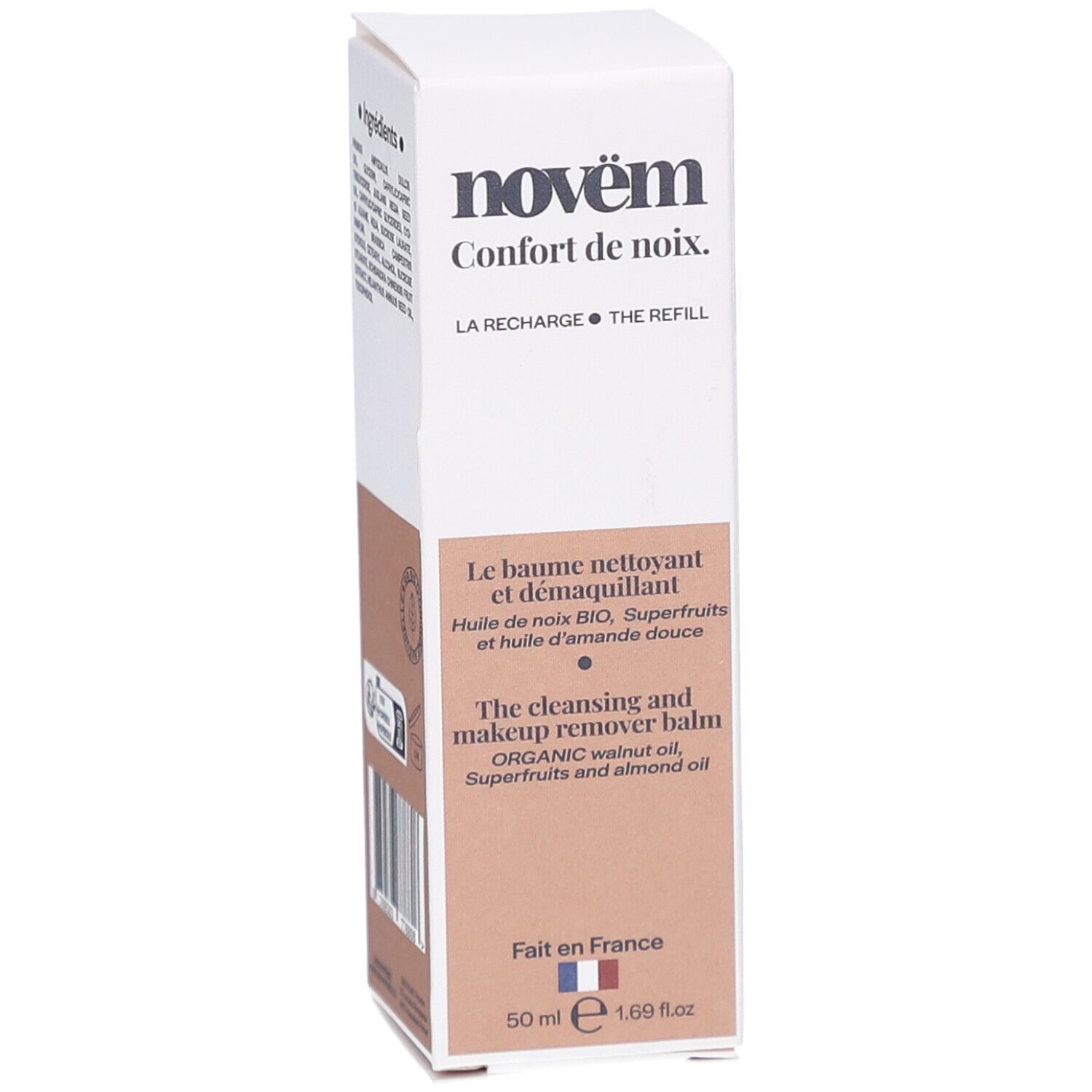 Boîte blanche avec logo NOVEM et nom du produit. Texte en français et anglais. 50 ml.