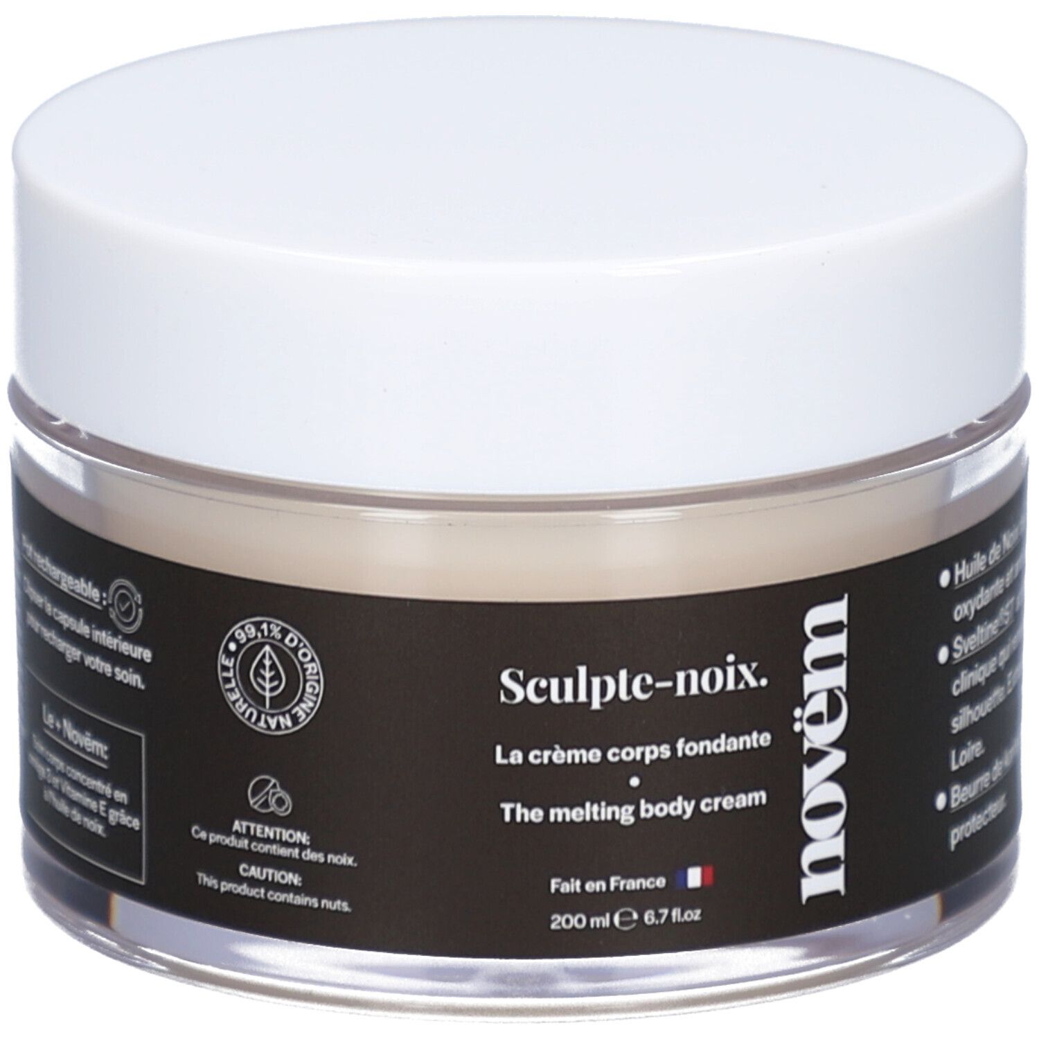 Pot de crème. Couvercle blanc, verre transparent. Étiquette noire avec texte: Sculpt-noix, La crème corps fondante, novëm. 200 ml.