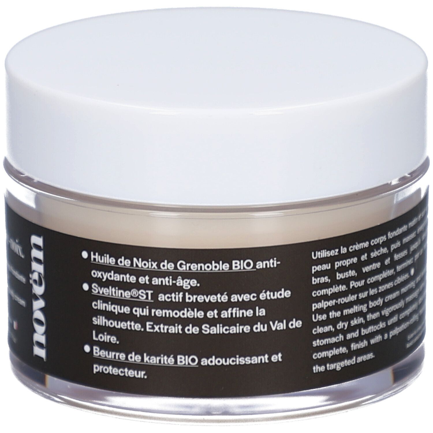 Pot de crème avec couvercle blanc. Étiquette noire avec texte: Sculpt-noix, La crème corps fondante, novëm. 200 ml. Verre transparent.