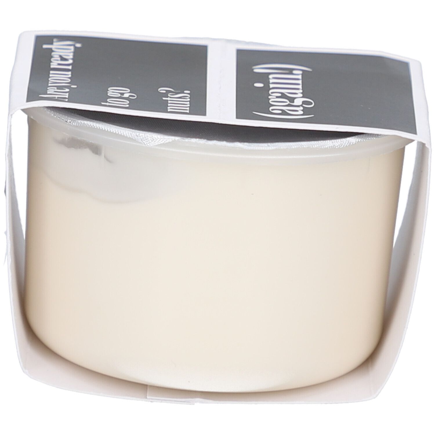 Récipient de crème, vue latérale. Étiquette avec texte: Are you ready to go nuts? (again!).