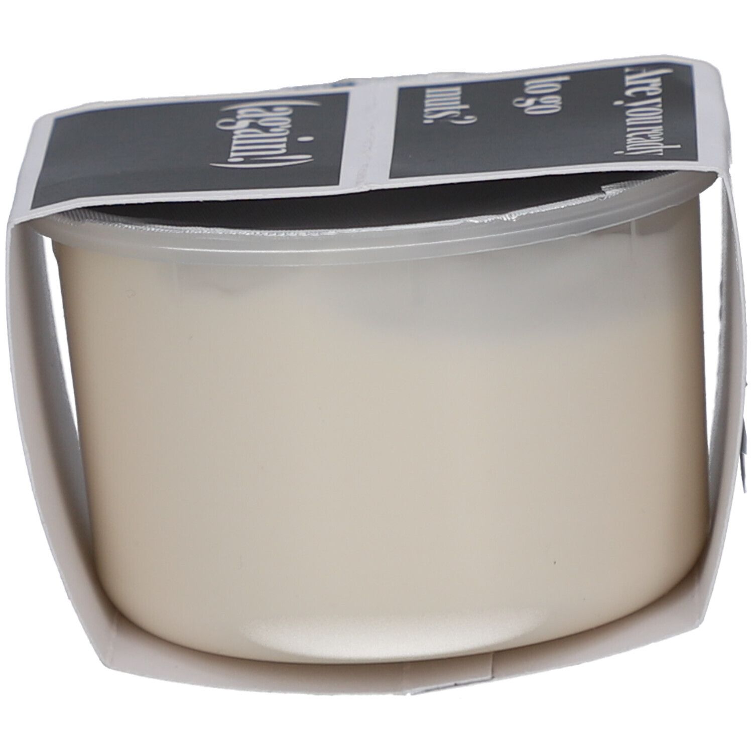 Récipient de crème, vue latérale. Étiquette avec texte: Are you ready to go nuts? (again!).