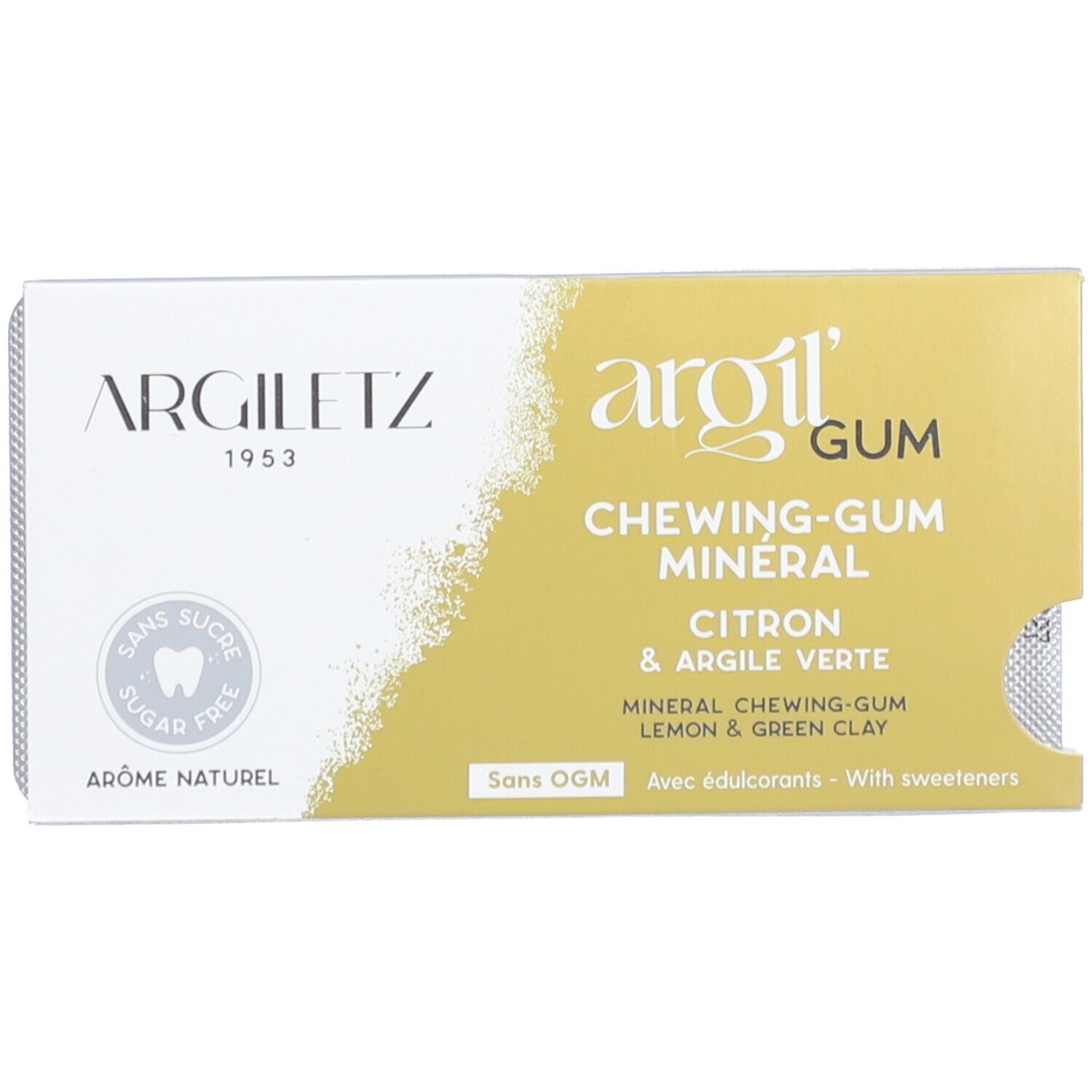 Boîte Argiletz Argil'Gum, jaune et blanche, avec l'inscription "Citron & argile verte".
