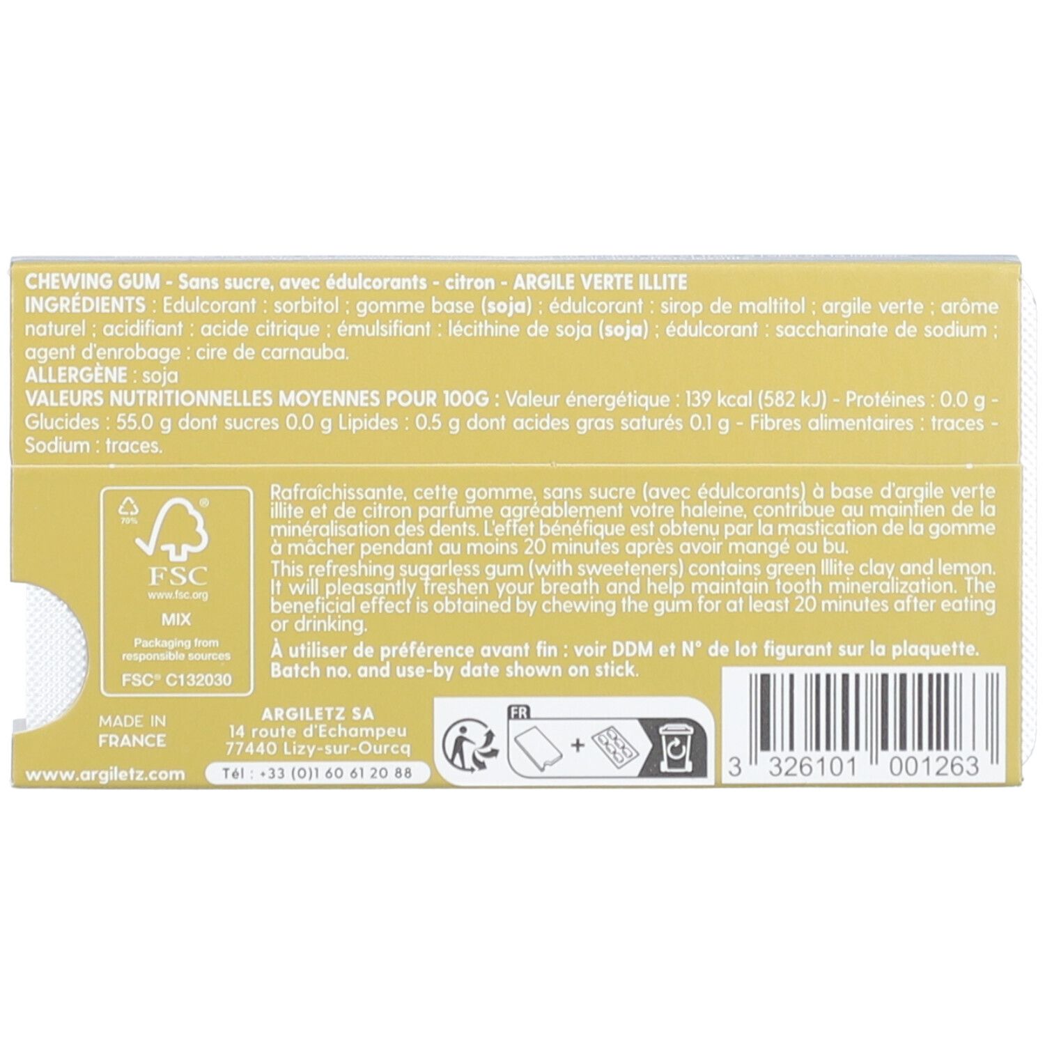 Dos de l'emballage Argiletz Argil'Gum avec texte et logo FSC.