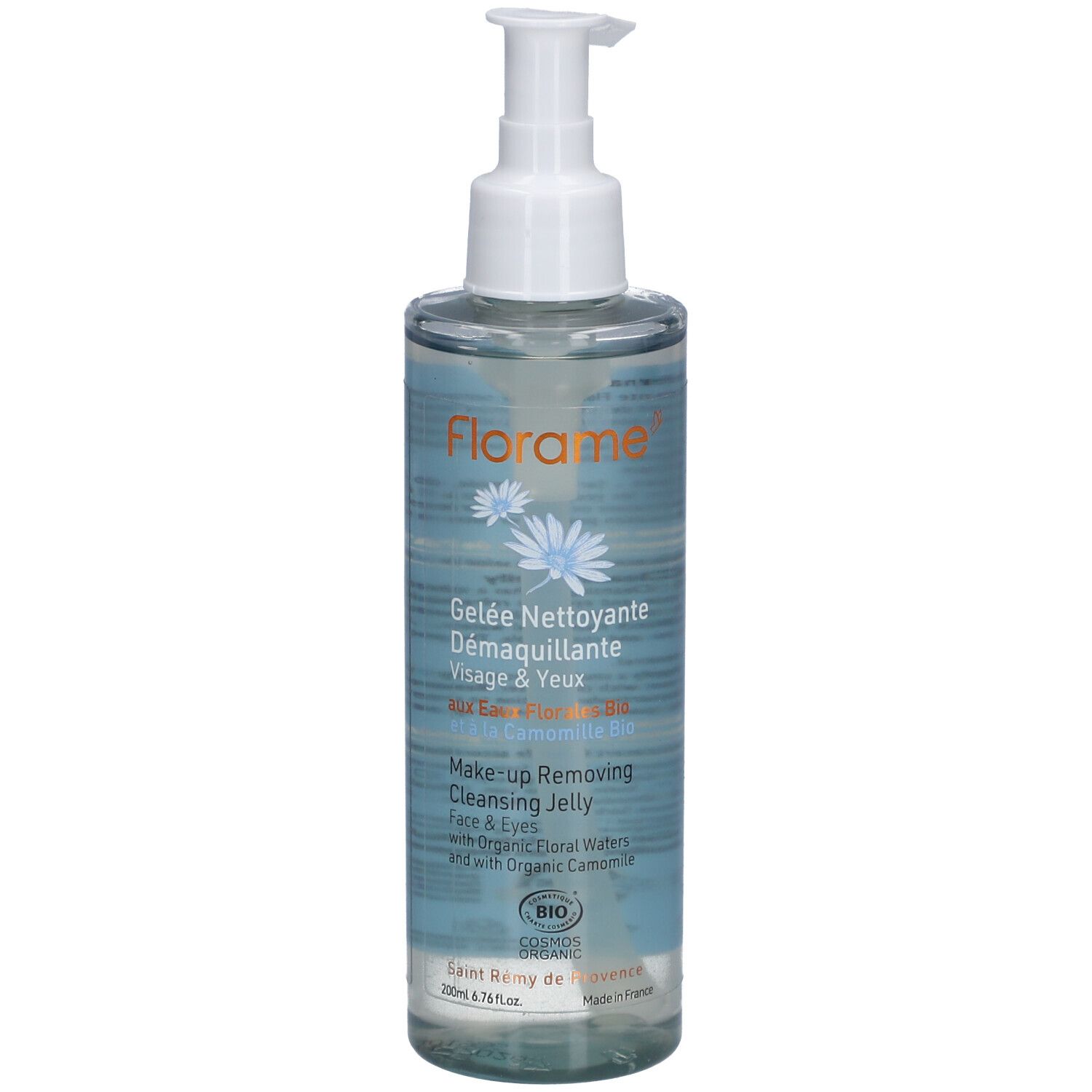 Flacon transparent avec pompe blanche. Inscription: FLORAME, Gelée Nettoyante Démaquillante, Visage & Yeux. Certification Bio.