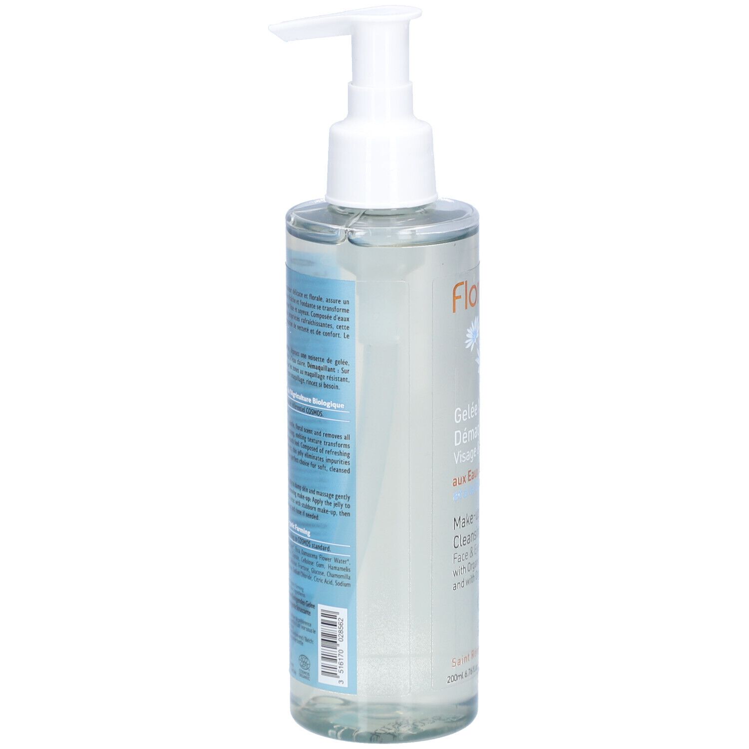 Flacon transparent avec pompe blanche. Texte sur l'étiquette en plusieurs langues. Certification Bio. Vue arrière.