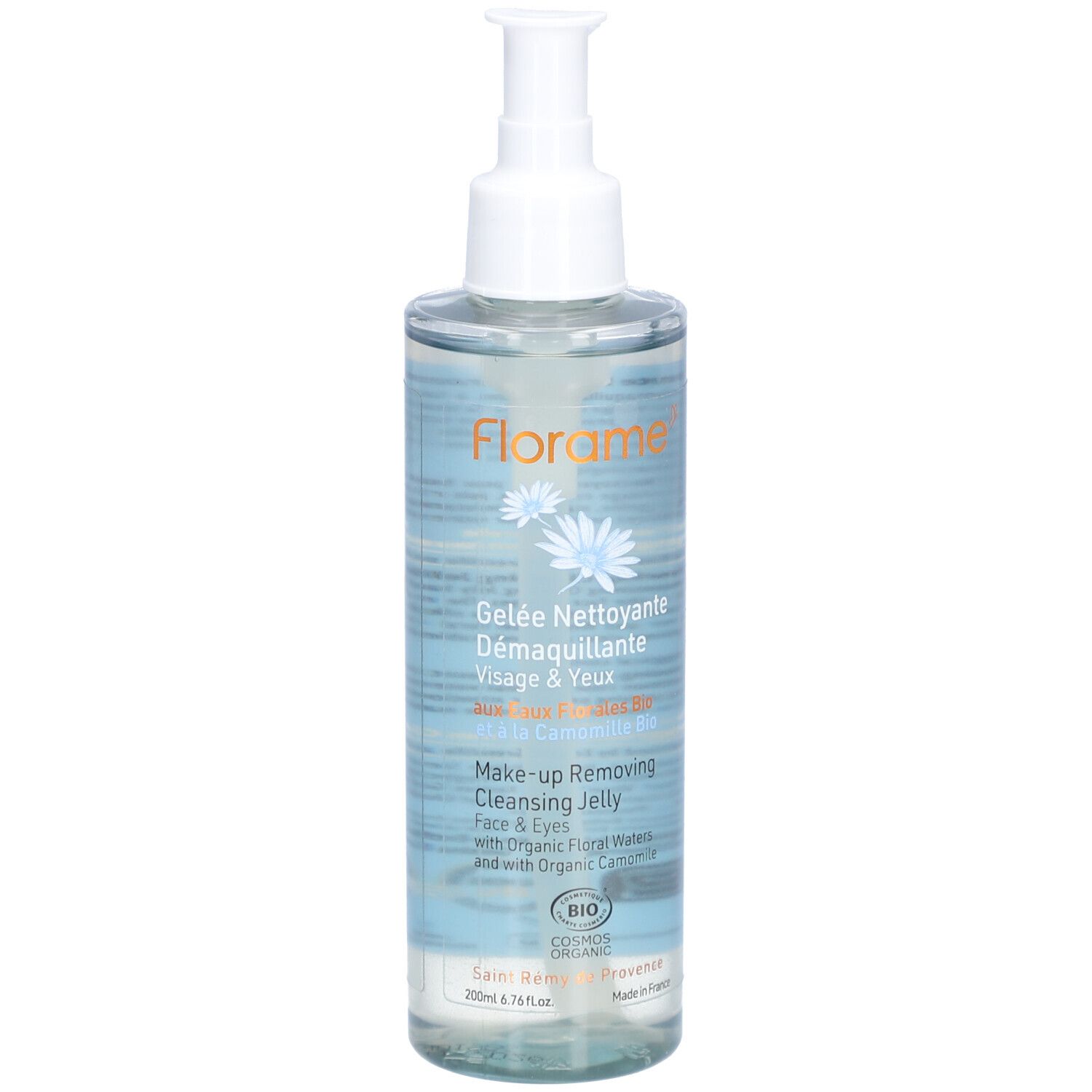 Flacon transparent avec pompe blanche. Inscription: FLORAME, Gelée Nettoyante Démaquillante, Visage & Yeux. Certification Bio.