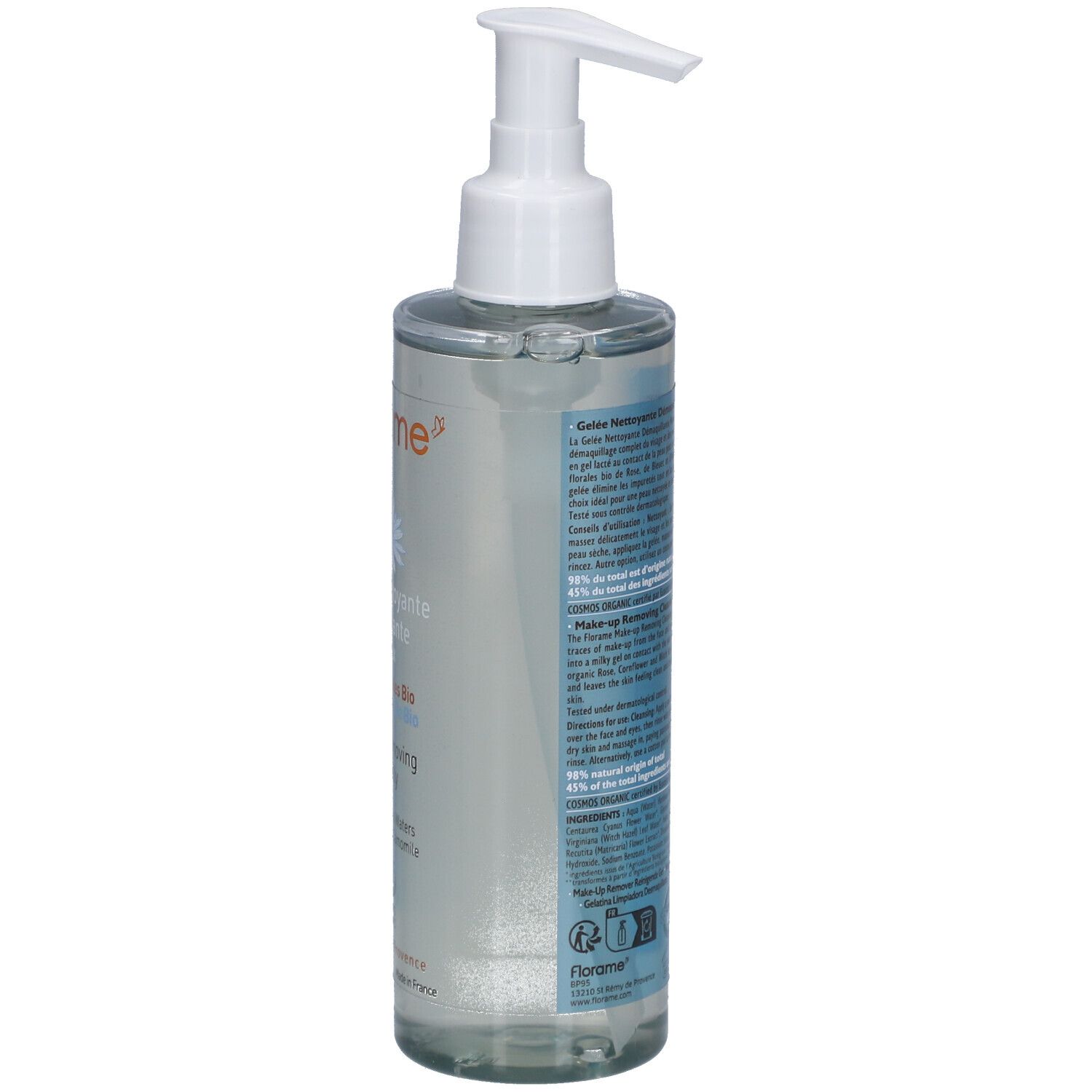 Flacon transparent avec pompe blanche. Texte sur l'étiquette en plusieurs langues. Certification Bio. Vue arrière.