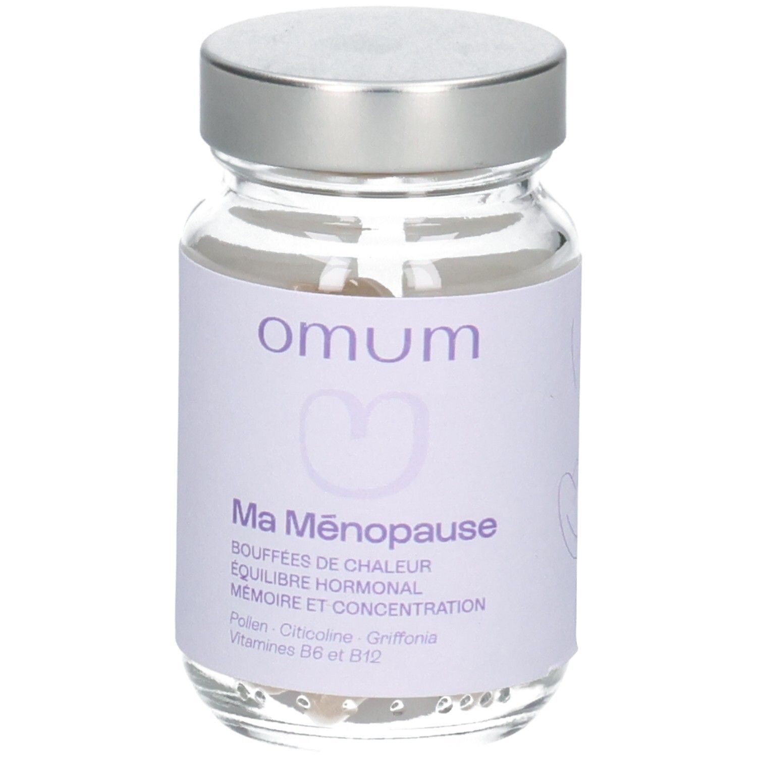 Bouteille de gélules Omum Ma Ménopause avec bouchon argenté et étiquette violette. Contient Pollen, Citicoline, Griffonia.