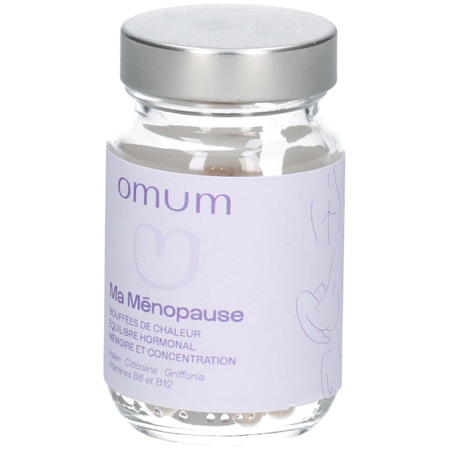 Bouteille de gélules Omum Ma Ménopause avec étiquette violette et illustrations de corps féminins.