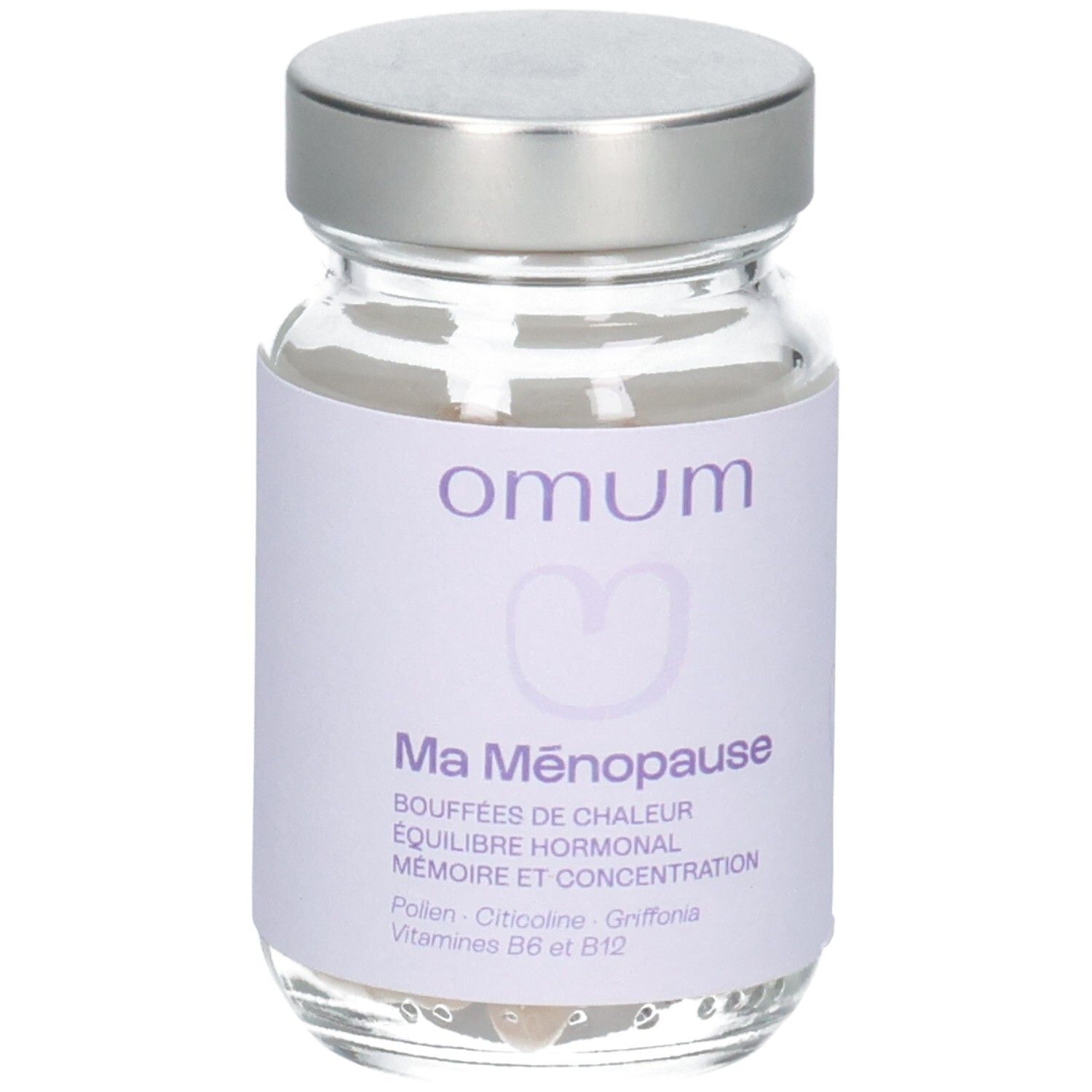 Bouteille de gélules Omum Ma Ménopause avec étiquette violette, illustrations et gélules visibles.