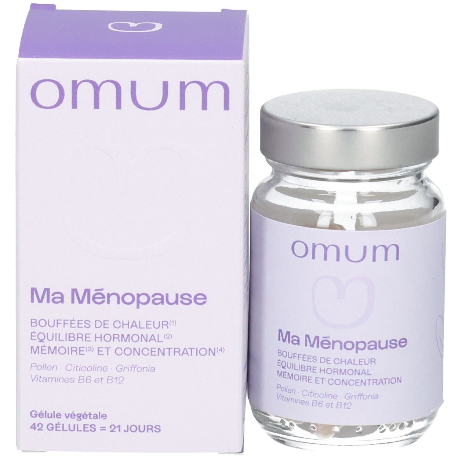 Bouteille de gélules Omum Ma Ménopause avec étiquette violette, illustrations et gélules visibles.