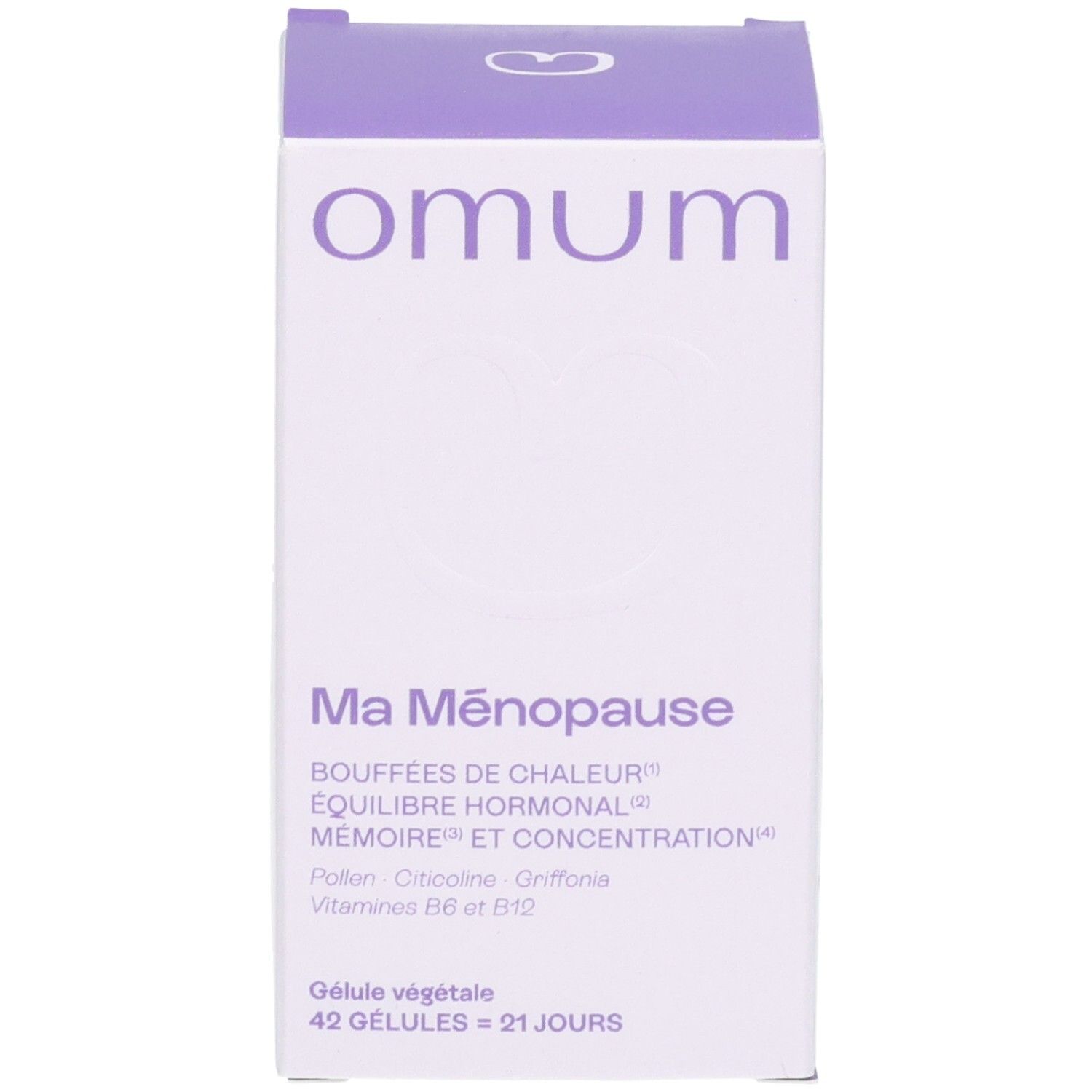 Gélules Omum Ma Ménopause et son emballage. Contient Pollen, Citicoline, Griffonia, Vitamines B6 et B12.