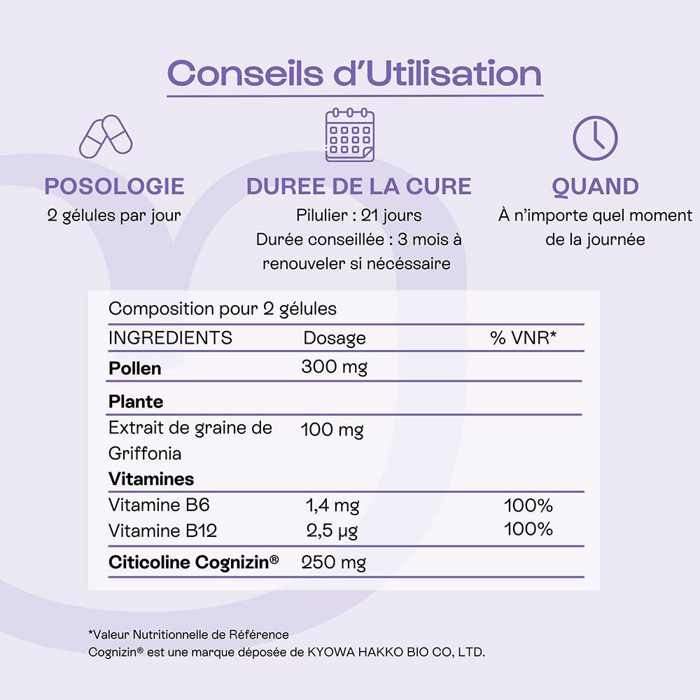 Conseils d'utilisation : 2 gélules/jour, cure de 21 jours. Composition pour 2 gélules : Pollen, Griffonia, Vitamines B6, B12, Citicoline.