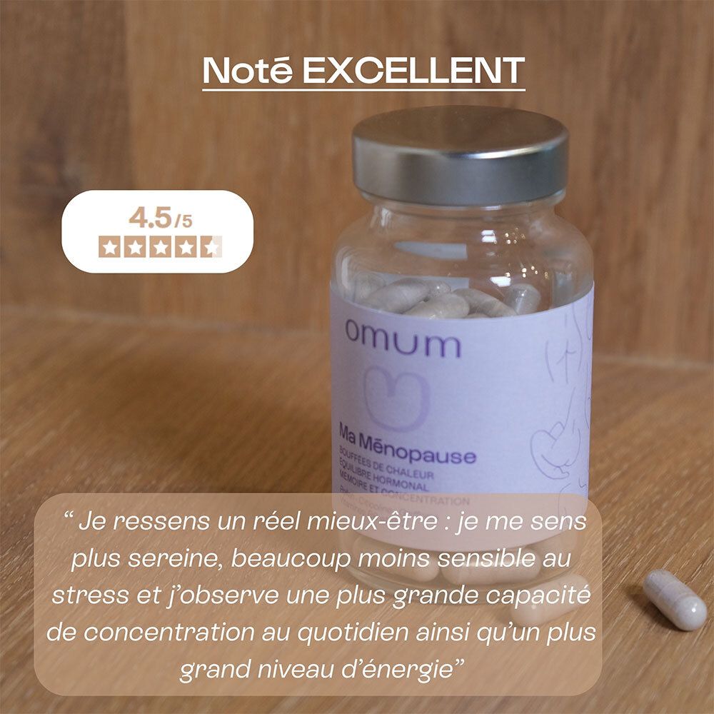 Gélule Omum Ma Ménopause sur table en bois. Avis client : 4.5/5. Citation sur le bien-être et l'énergie.