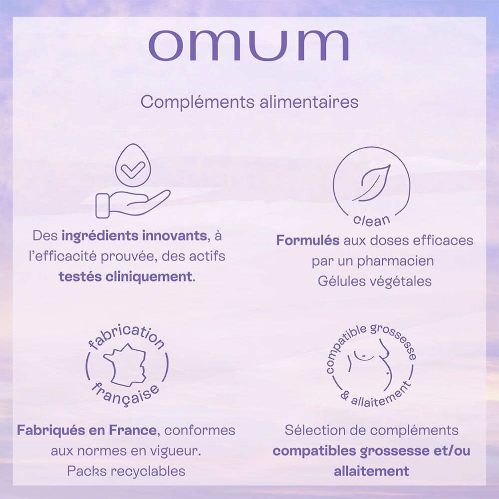 Omum : Ingrédients innovants, efficacité prouvée. Fabrication française, emballage recyclable.