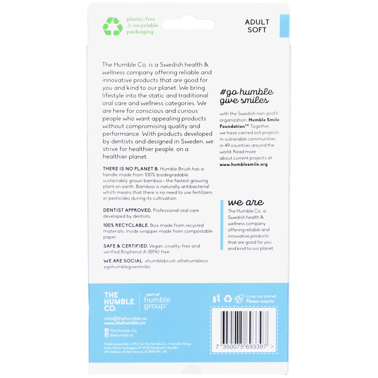 Dos du paquet de brosses à dents. Texte sur le produit et ses caractéristiques. Logo et code-barres.