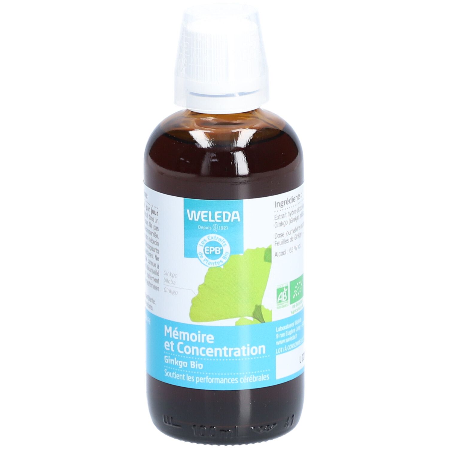 Flacon en verre brun avec bouchon blanc. Étiquette avec feuille de ginkgo et texte. Marque : Weleda EPB. Nom du produit : Mémoire et Concentration.