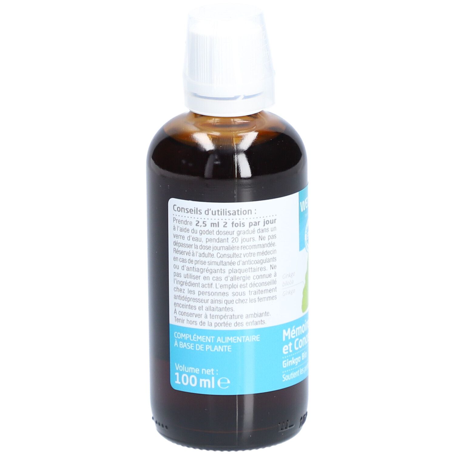 Dos du flacon en verre brun avec bouchon blanc. Étiquette avec texte. Marque : Weleda. Nom du produit : Mémoire et Concentration. Volume : 100 ml.
