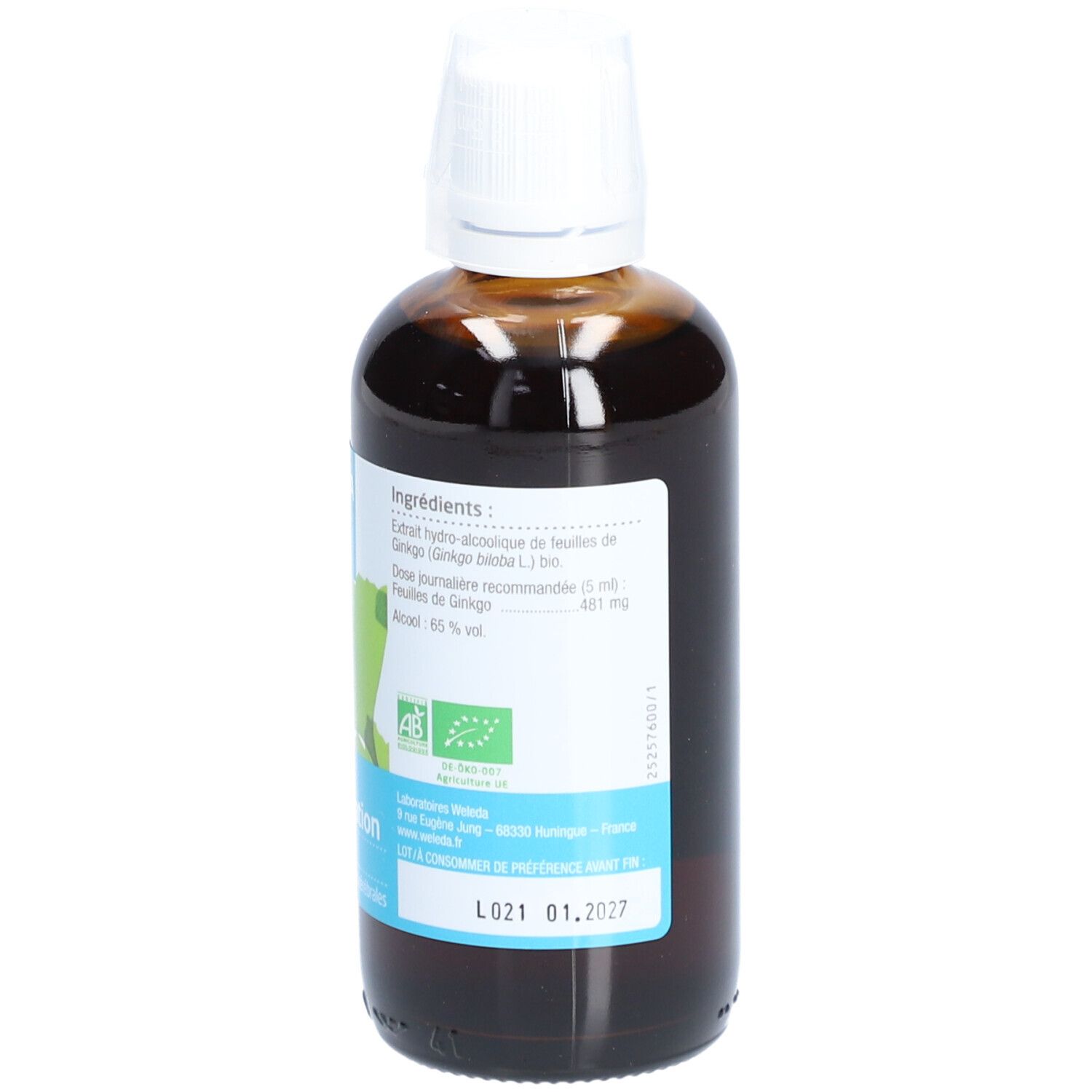 Flacon en verre brun avec bouchon blanc. Étiquette avec ingrédients et texte. Marque : Weleda. Nom du produit : Mémoire et Concentration.