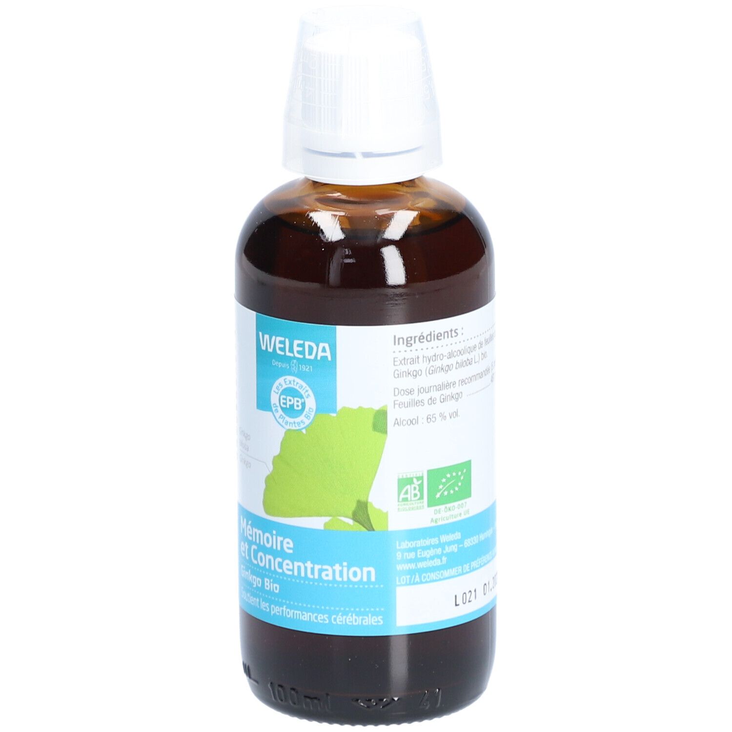 Flacon en verre brun avec bouchon blanc. Étiquette avec feuille de ginkgo et texte. Marque : Weleda EPB. Nom du produit : Mémoire et Concentration.