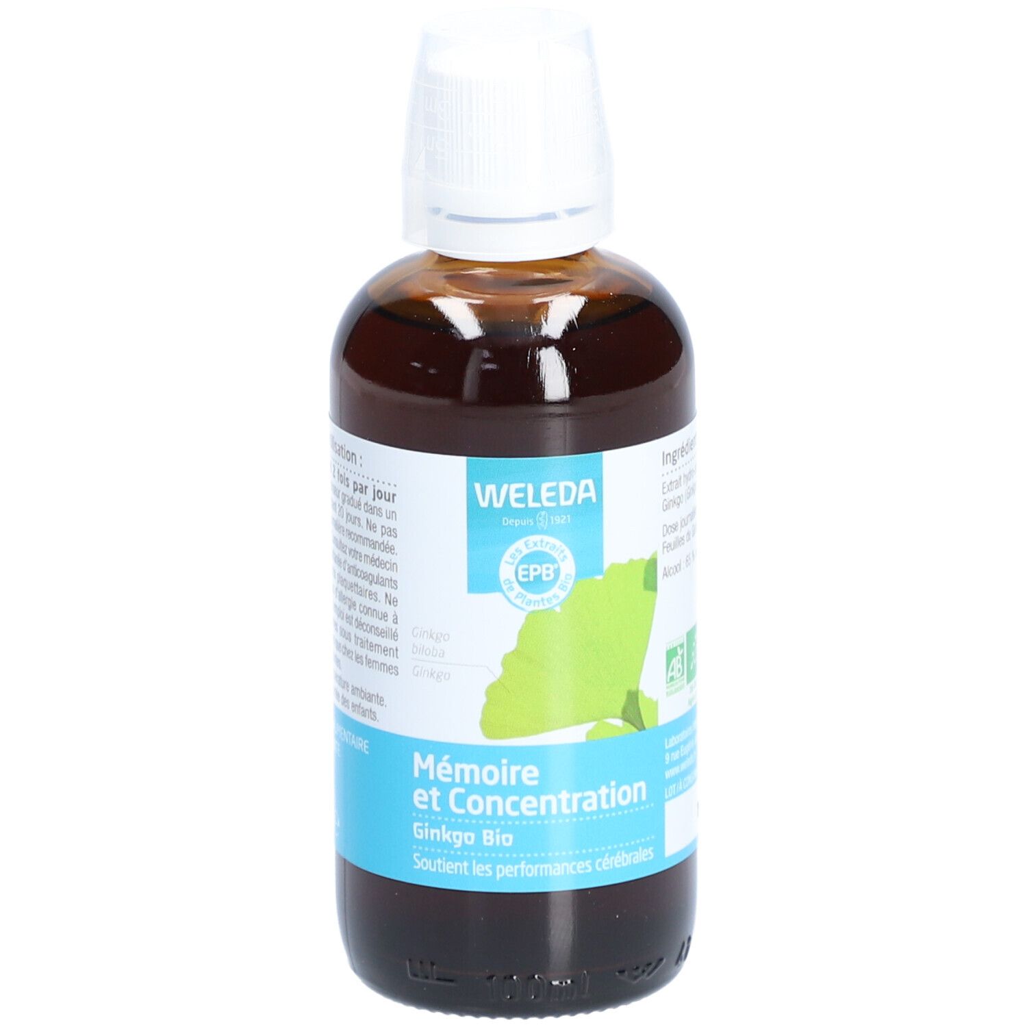 Flacon en verre brun avec bouchon blanc. Étiquette avec feuille de ginkgo et texte. Marque : Weleda EPB. Nom du produit : Mémoire et Concentration.