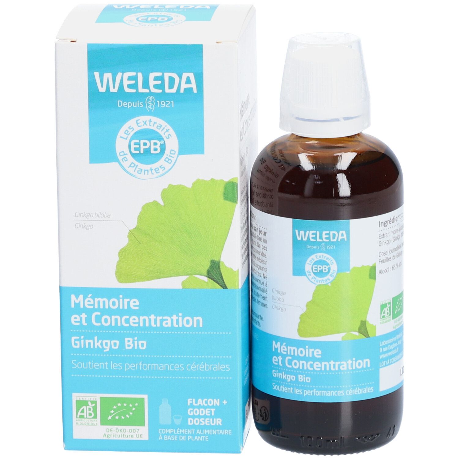 Flacon et emballage du produit. Flacon en verre brun avec bouchon blanc. Emballage avec feuille de ginkgo et texte. Marque : Weleda EPB.