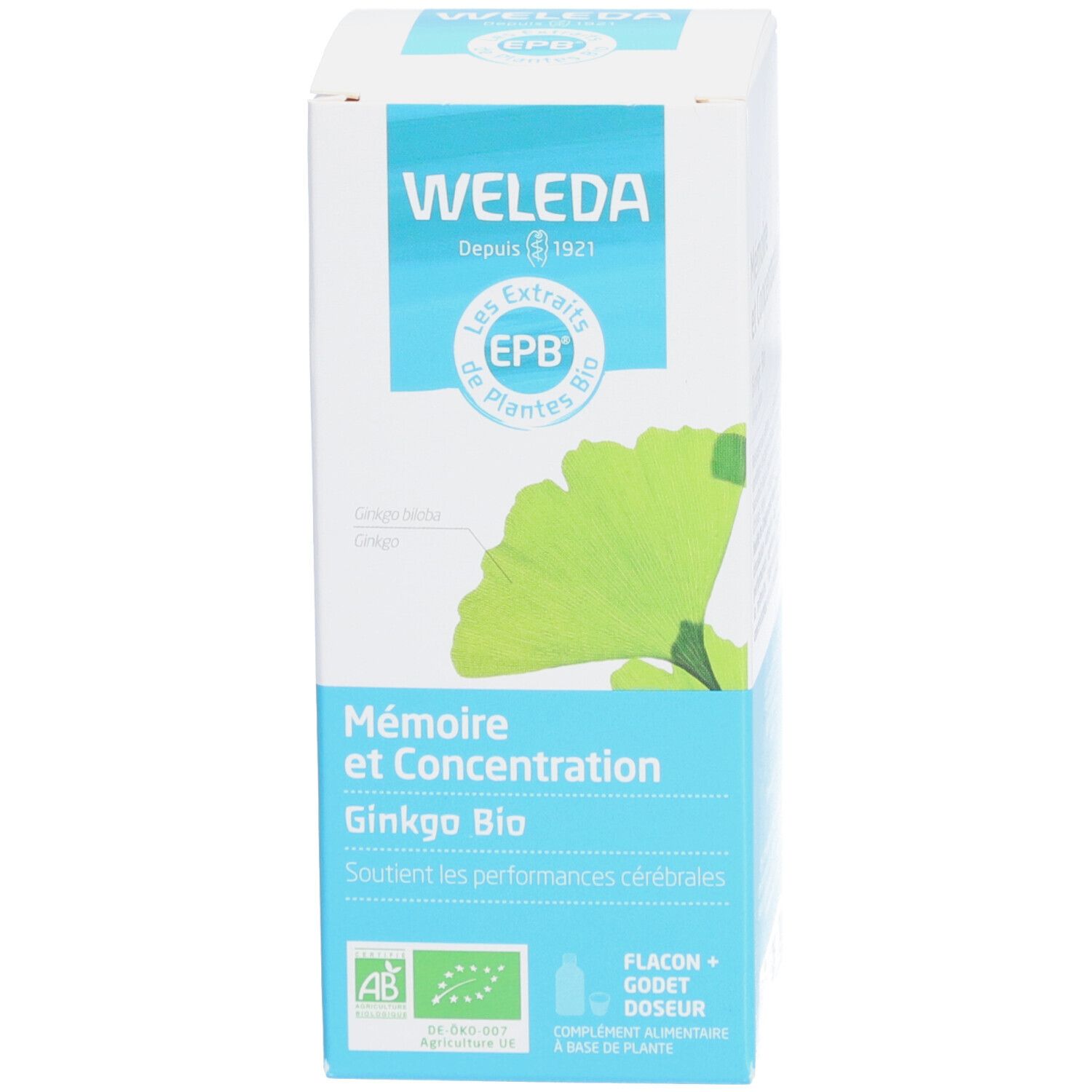 Emballage du produit. Boîte blanche avec feuille de ginkgo et texte. Marque : Weleda EPB. Nom du produit : Mémoire et Concentration. Flacon + Godet doseur.