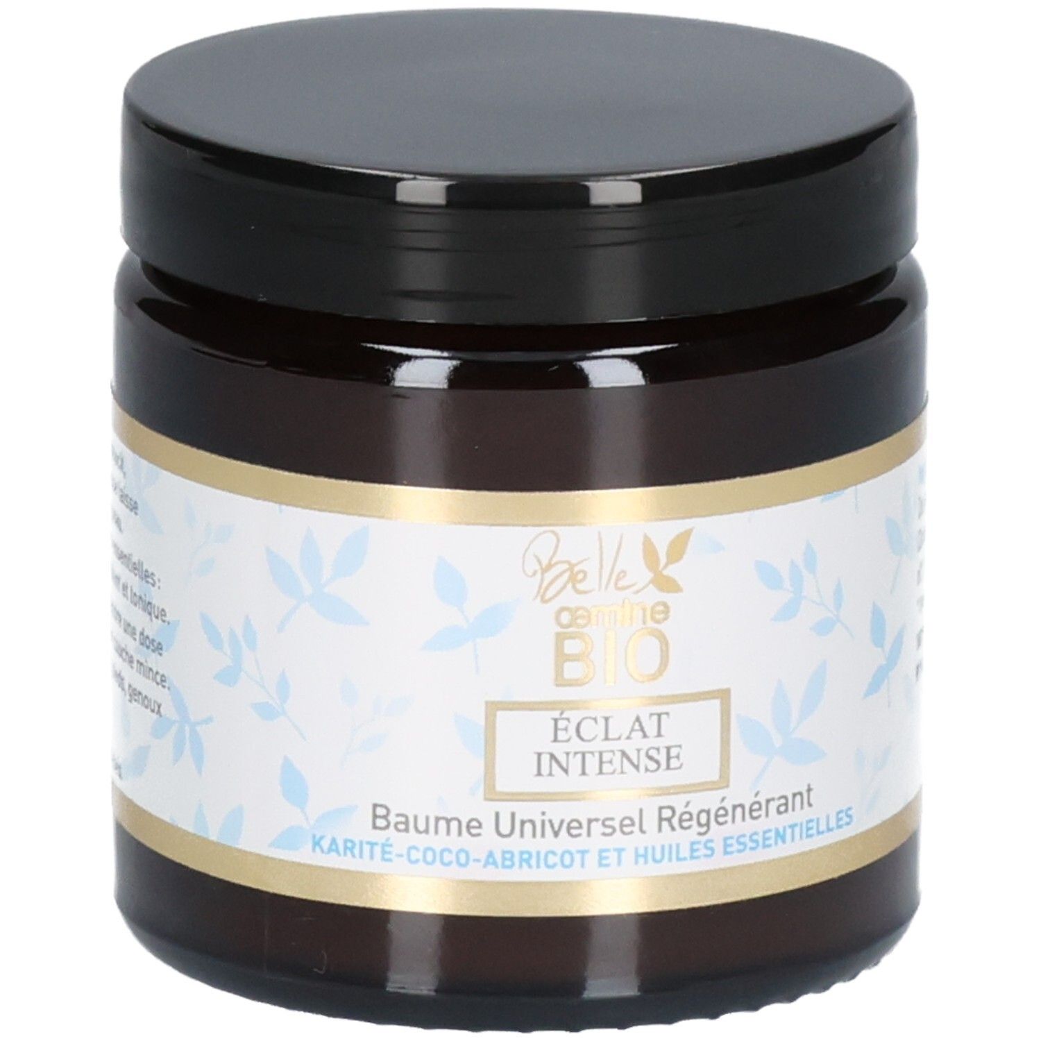 Pot en verre brun avec couvercle noir, étiquette à motif de feuilles bleues et accents dorés. Contient Belle oemine Bio Eclat Intense Baume Universel Régénérant.