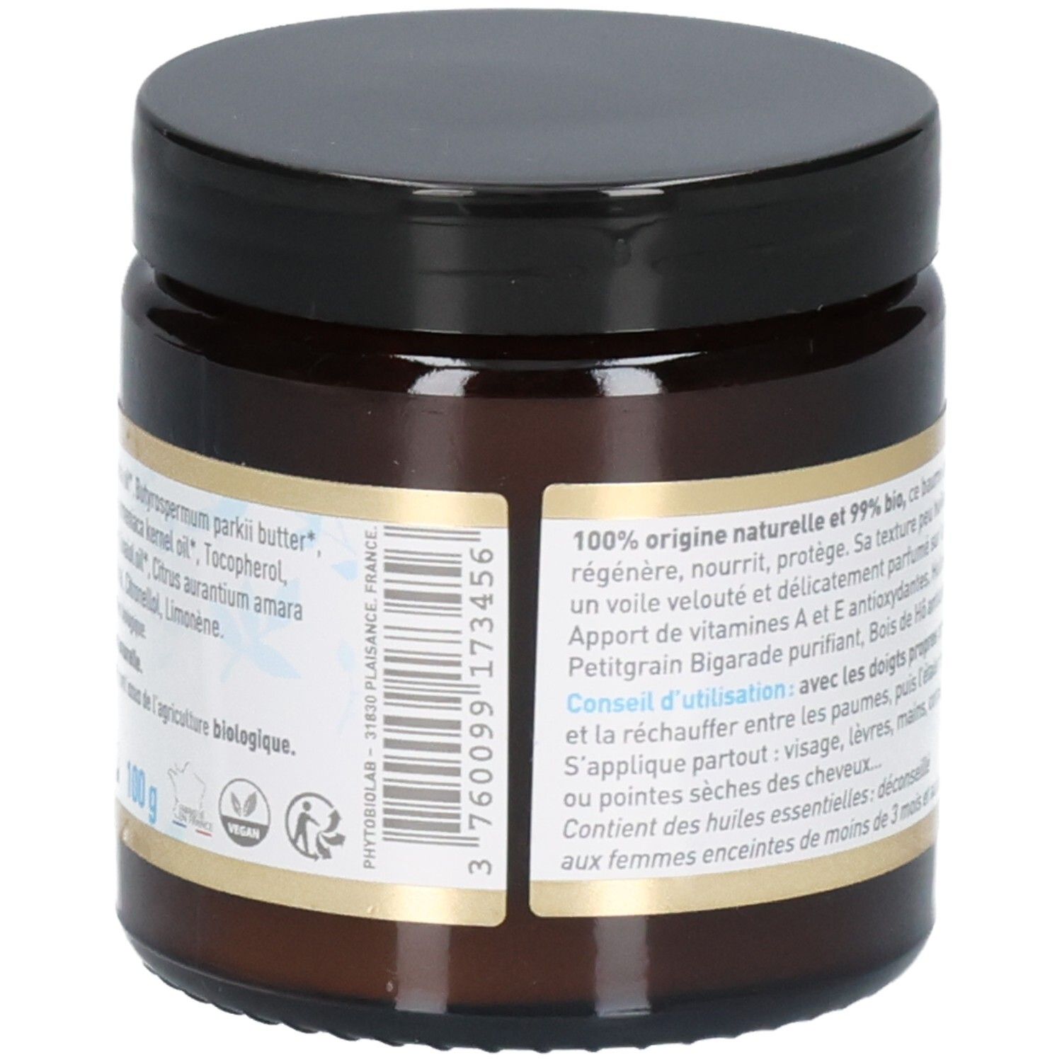 Côté du pot en verre brun avec étiquette montrant les ingrédients, le code-barres et les sceaux. Contient Belle oemine Bio Eclat Intense Baume Universel Régénérant.