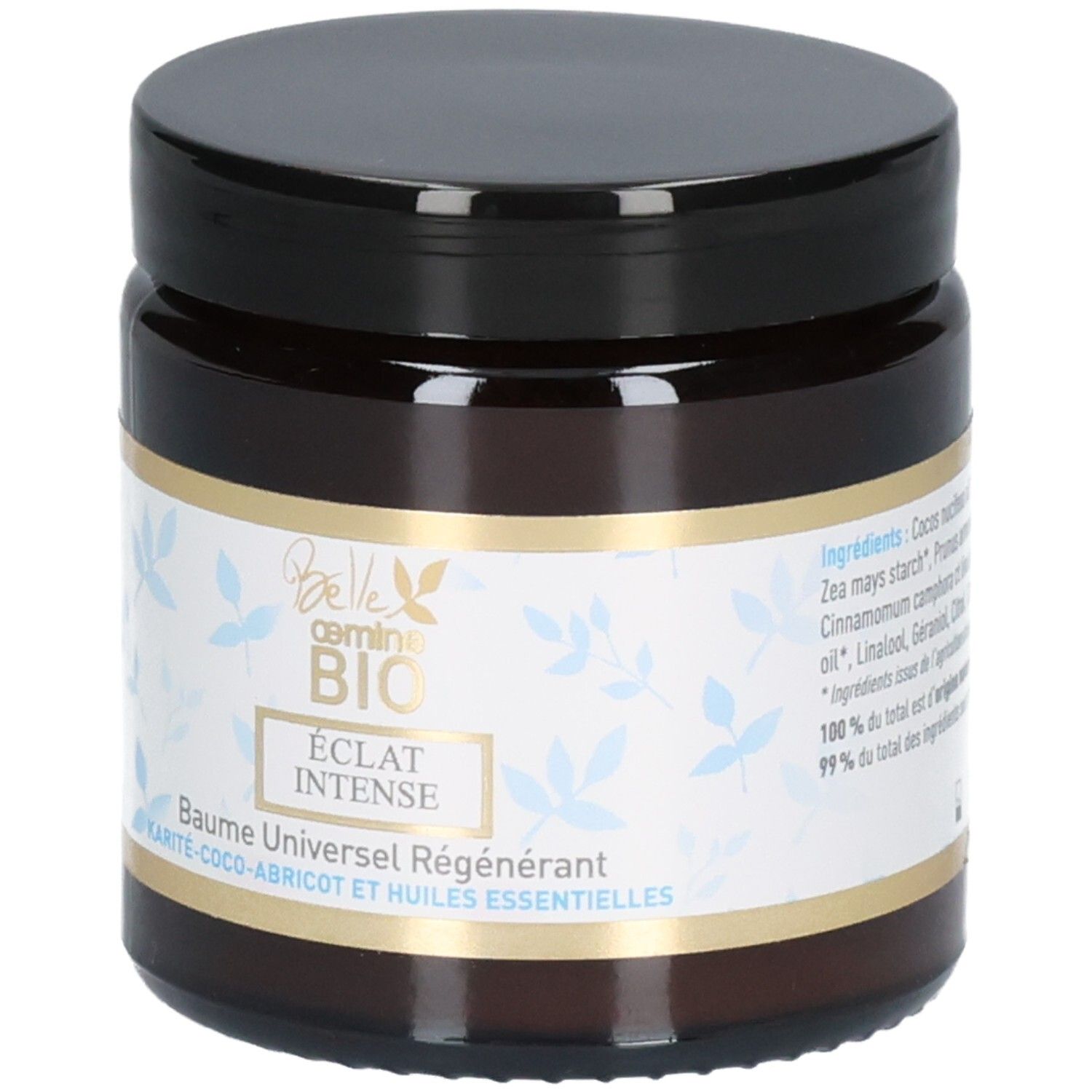 Pot en verre brun avec couvercle noir. Étiquette avec nom du produit et ingrédients tels que Karité, Coco, Abricot et Huiles Essentielles. Contient Belle oemine Bio Eclat Intense Baume Universel Régénérant.