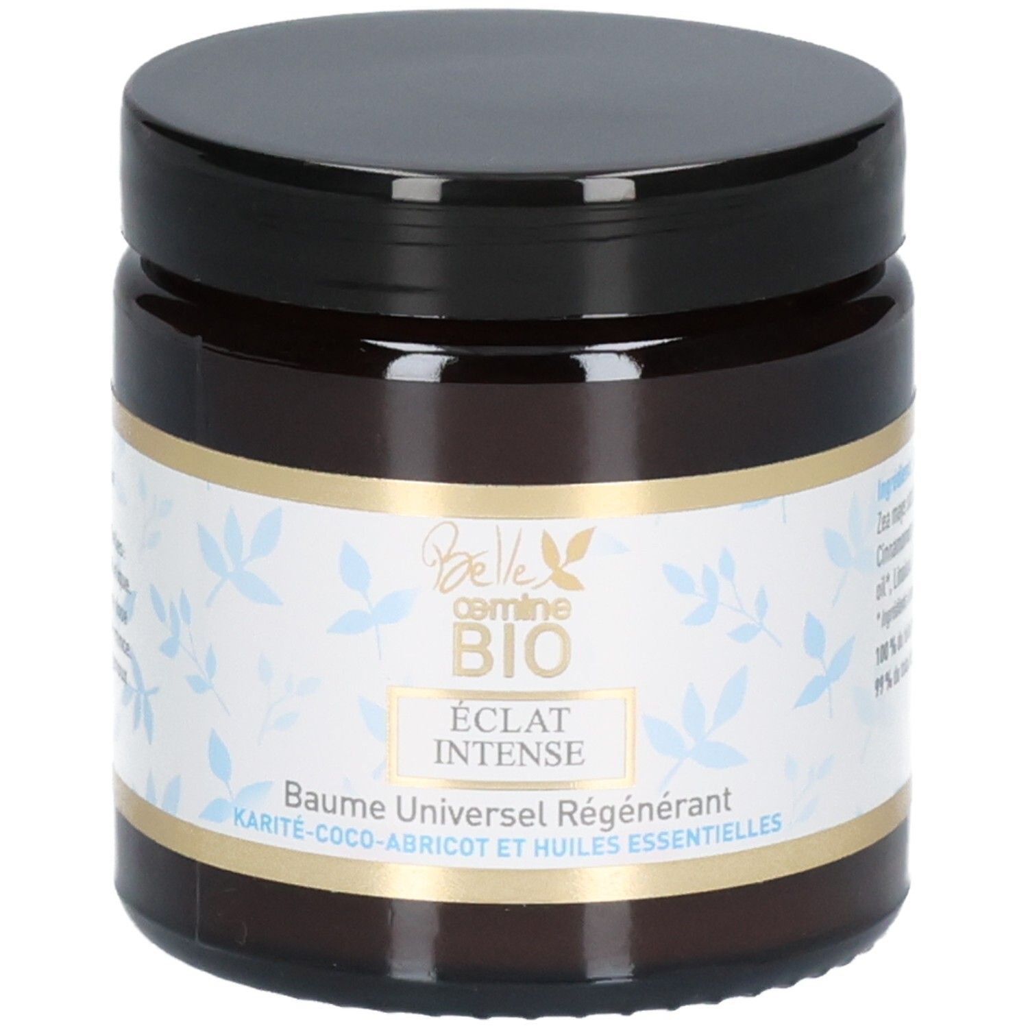 Pot en verre brun avec couvercle noir, indication 100g et sceaux. Contient Belle oemine Bio Eclat Intense Baume Universel Régénérant.