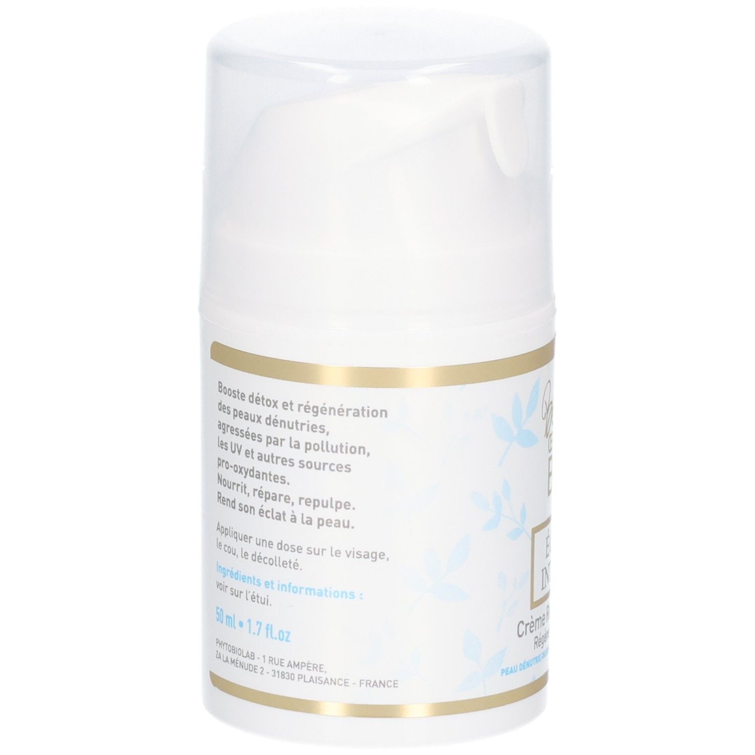 Arrière d'un pot blanc avec distributeur à pompe, texte en français et indication de 50 ml.